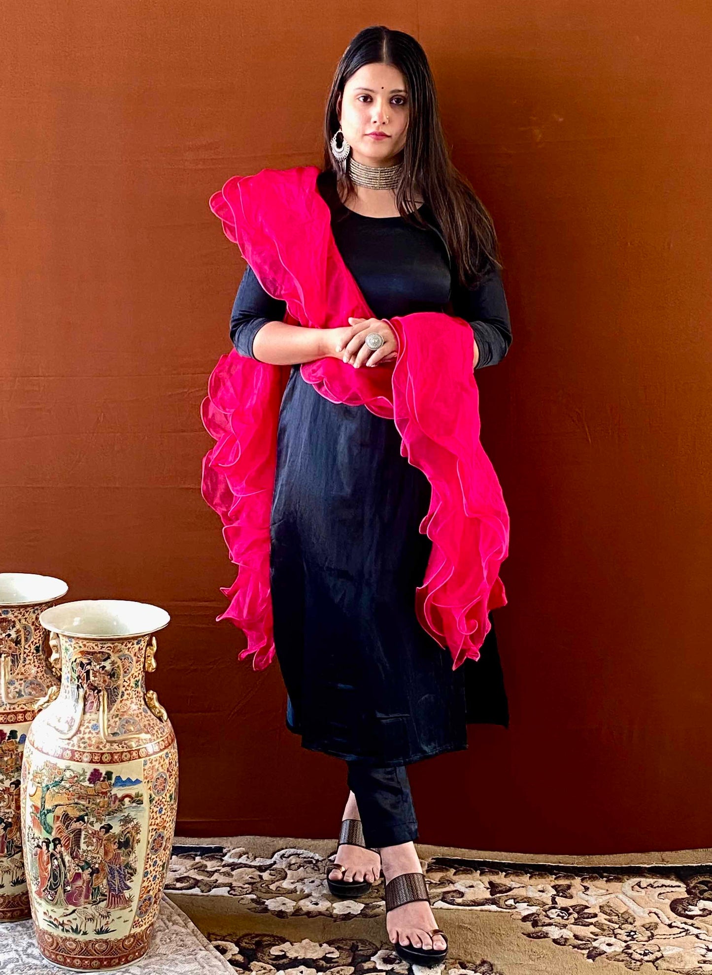 Ziva - Black Gaji Silk Kurti Set with Pink Ruffle Dupatta