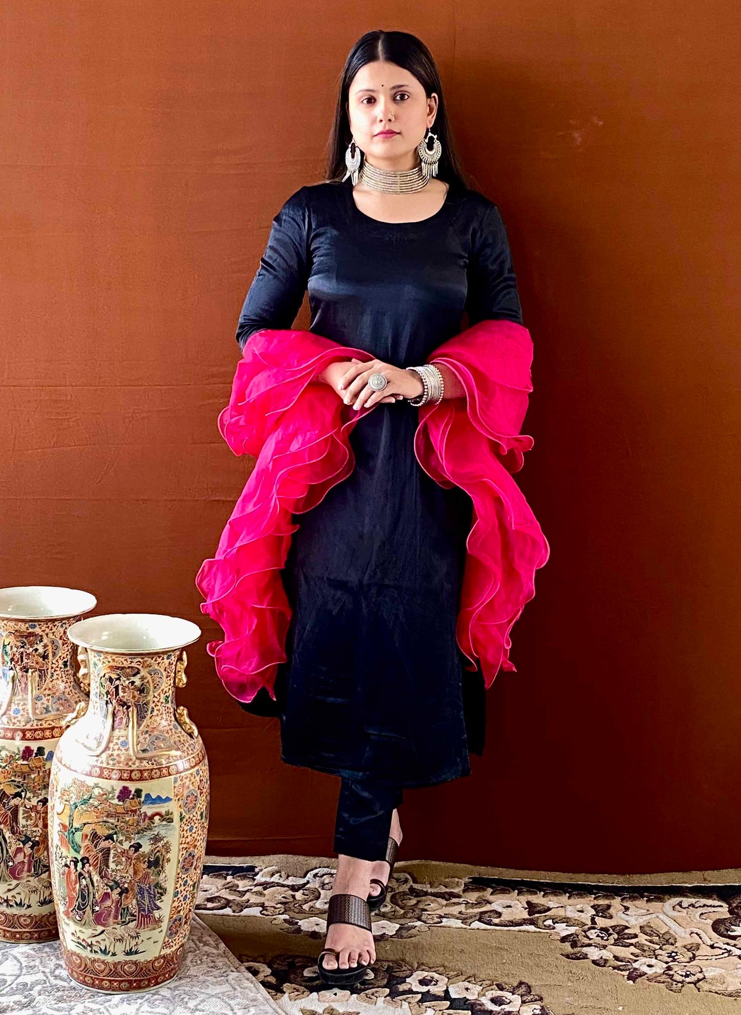 Ziva - Black Gaji Silk Kurti Set with Pink Ruffle Dupatta