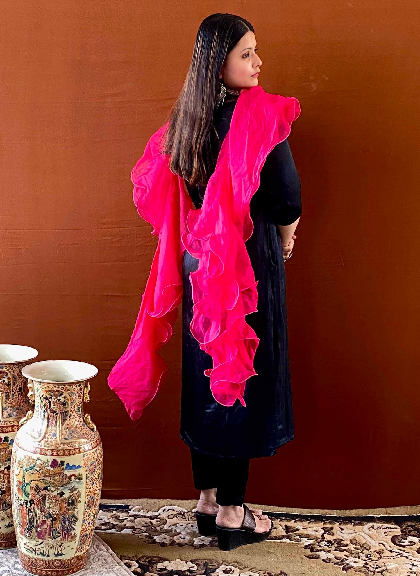 Ziva - Black Gaji Silk Kurti Set with Pink Ruffle Dupatta