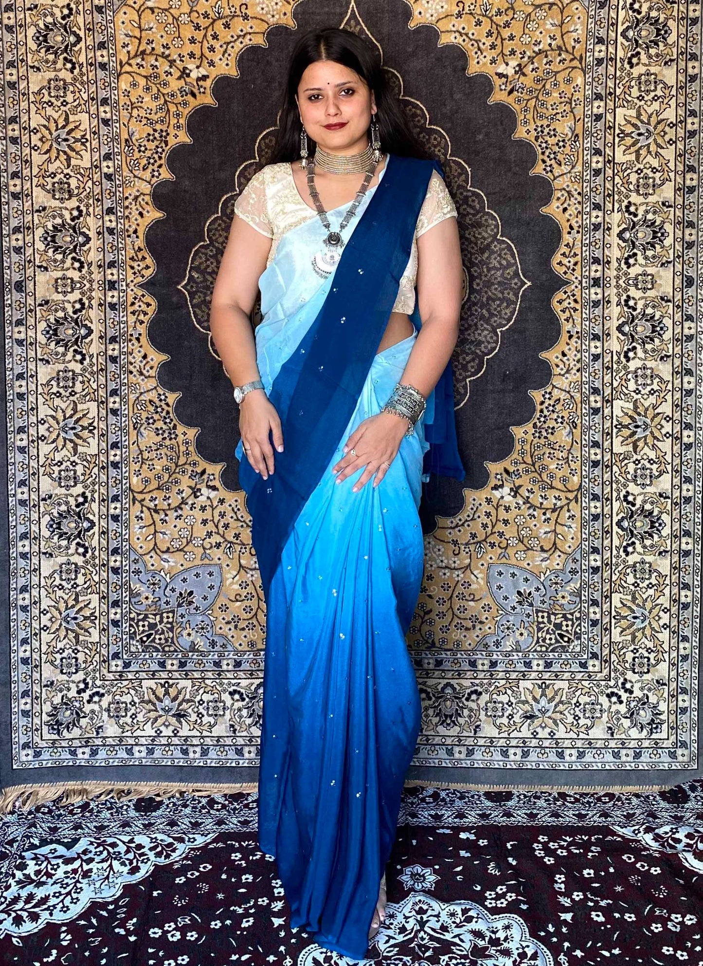 Blue Crepe Italian Shaded Saree