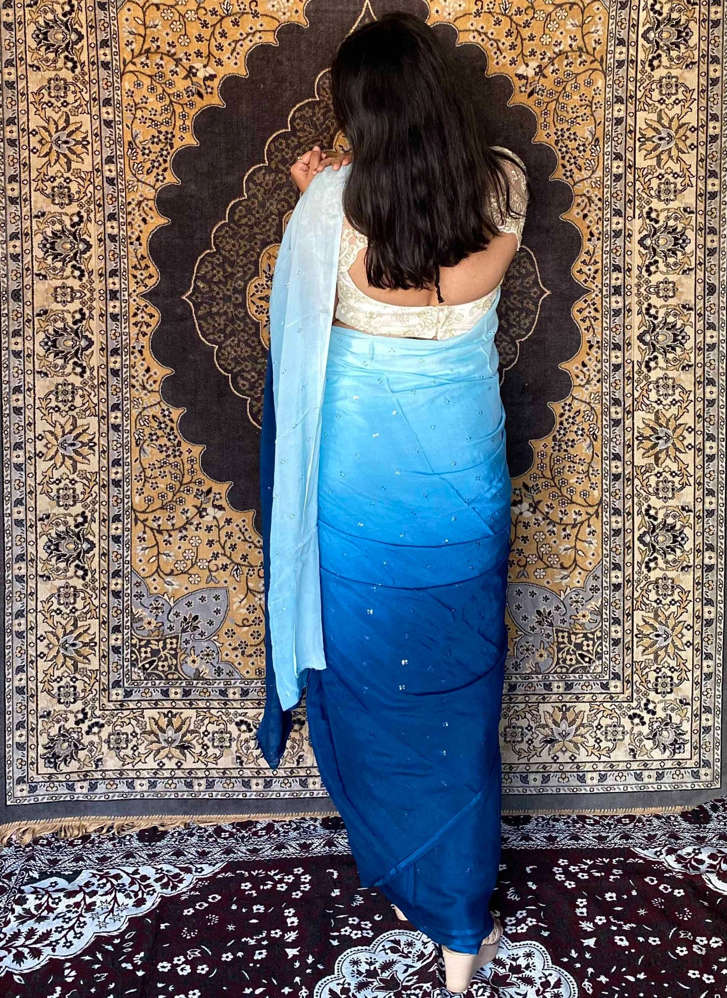 Blue Crepe Italian Shaded Saree