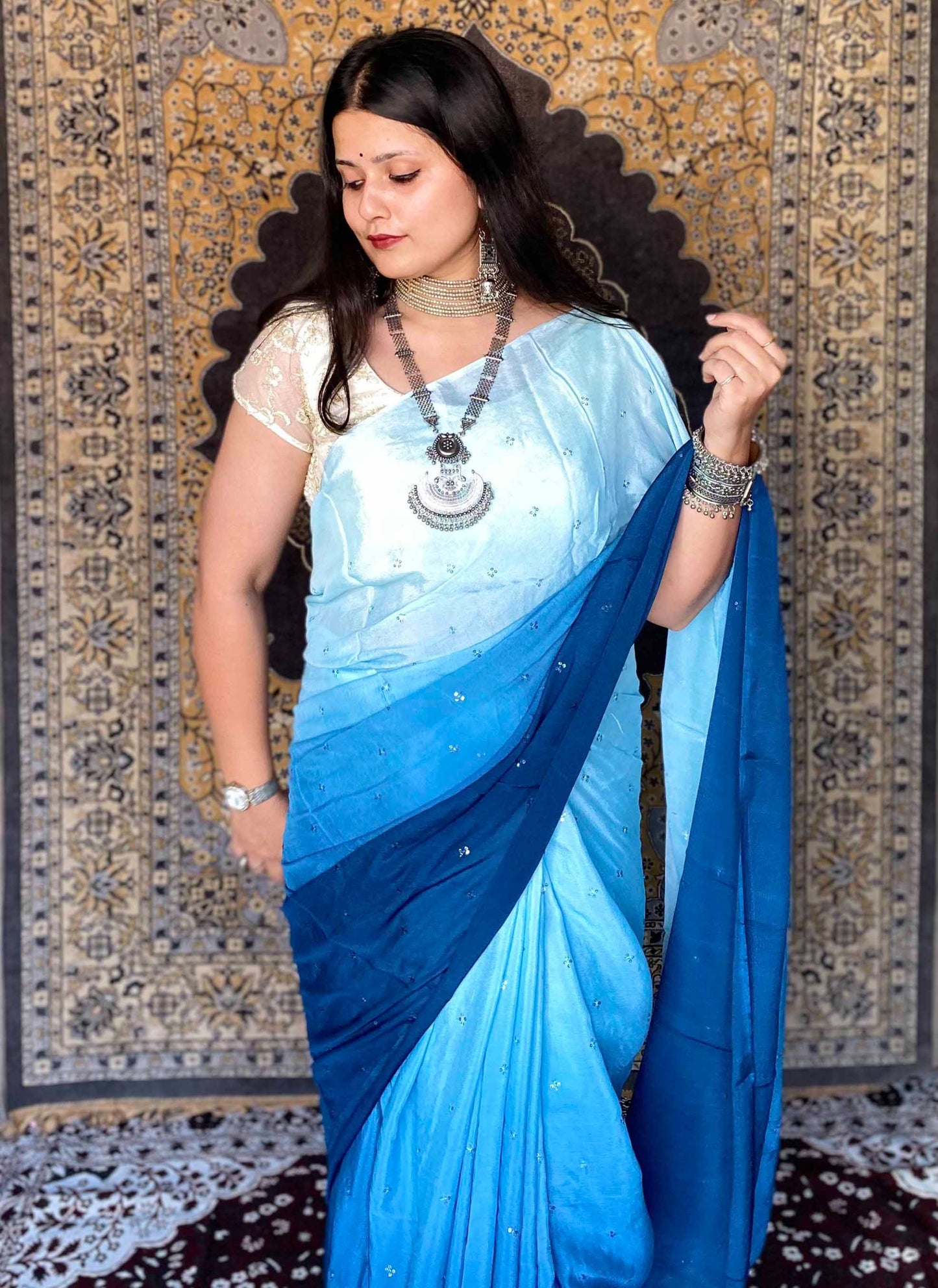 Blue Crepe Italian Shaded Saree