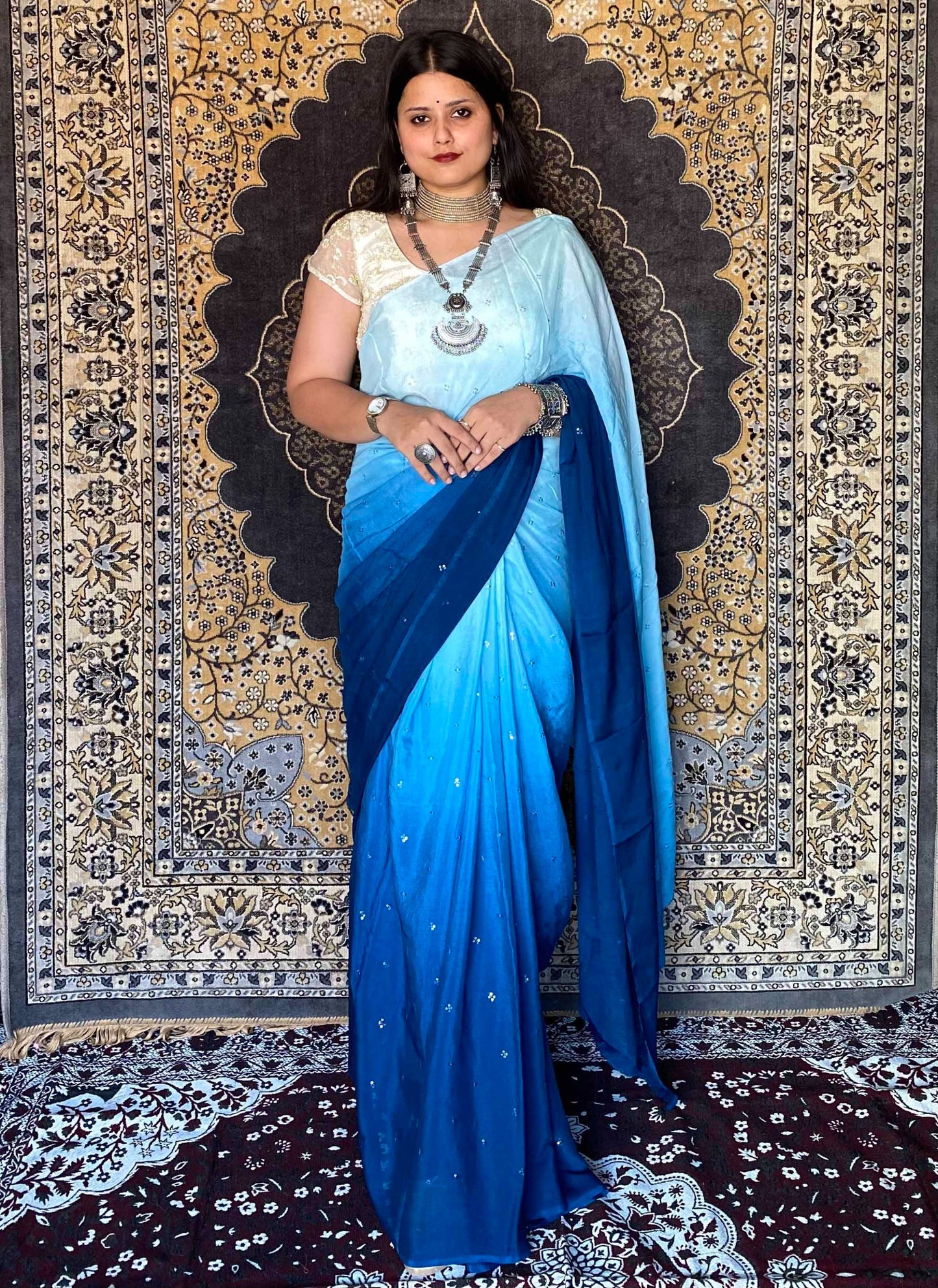 Blue Crepe Italian Shaded Saree