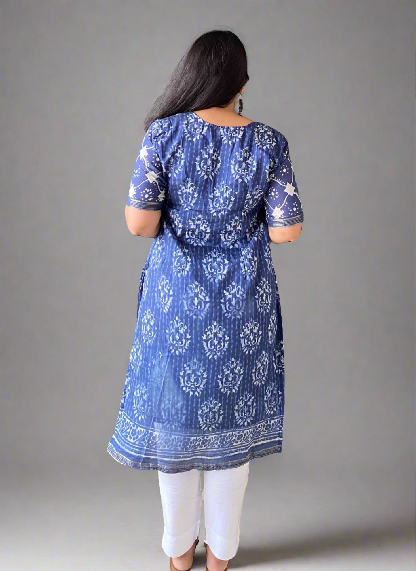 Back design of Blue Printed Mul Cotton Kurti