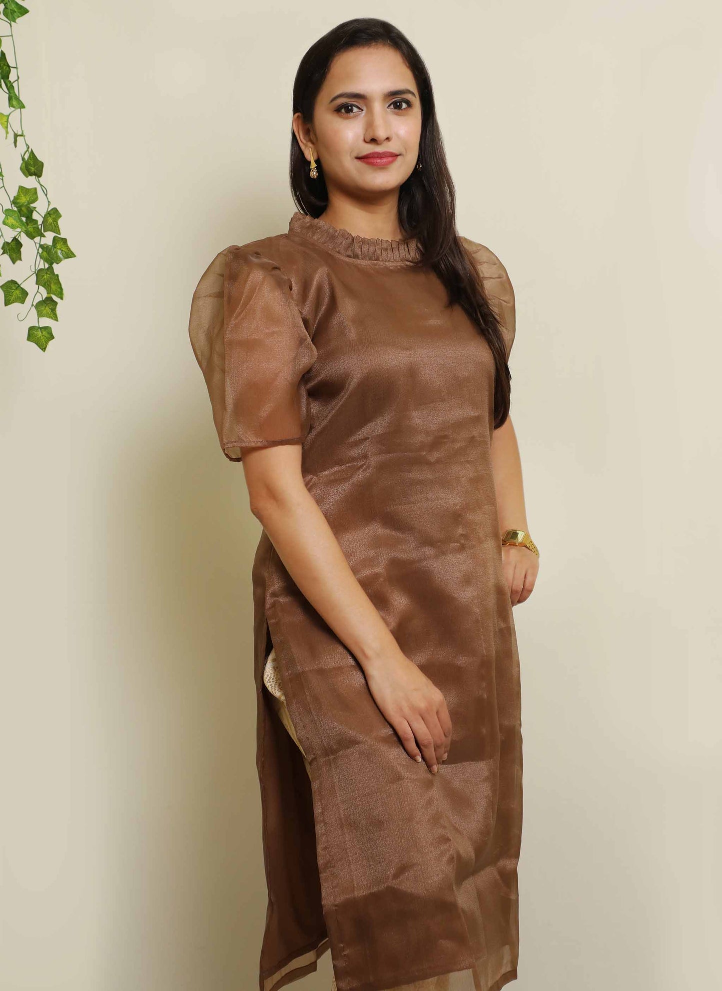 Coffee Organza Plain Kurti