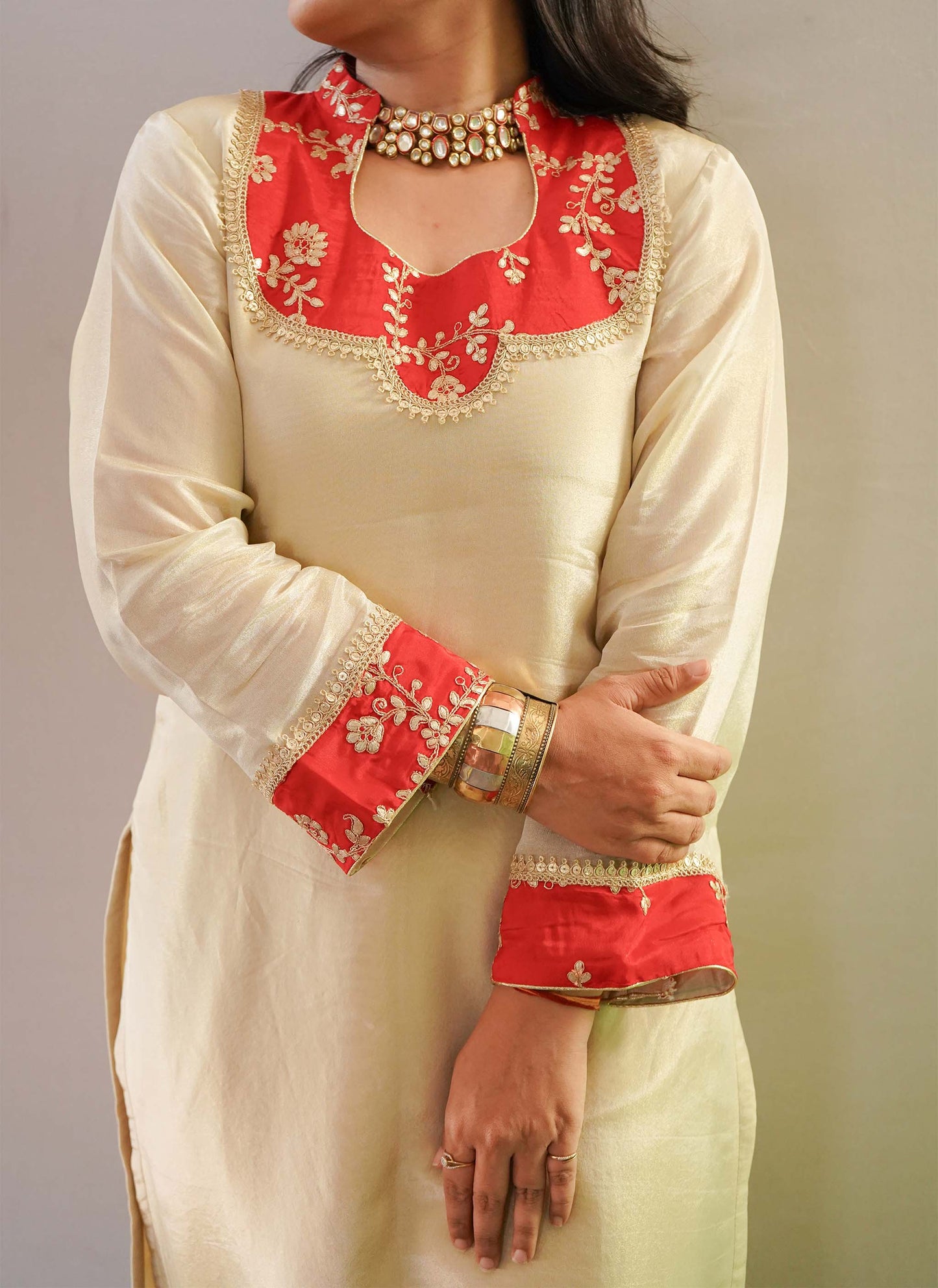 Golden Banarasi Tissue Kurti Front Neck Design