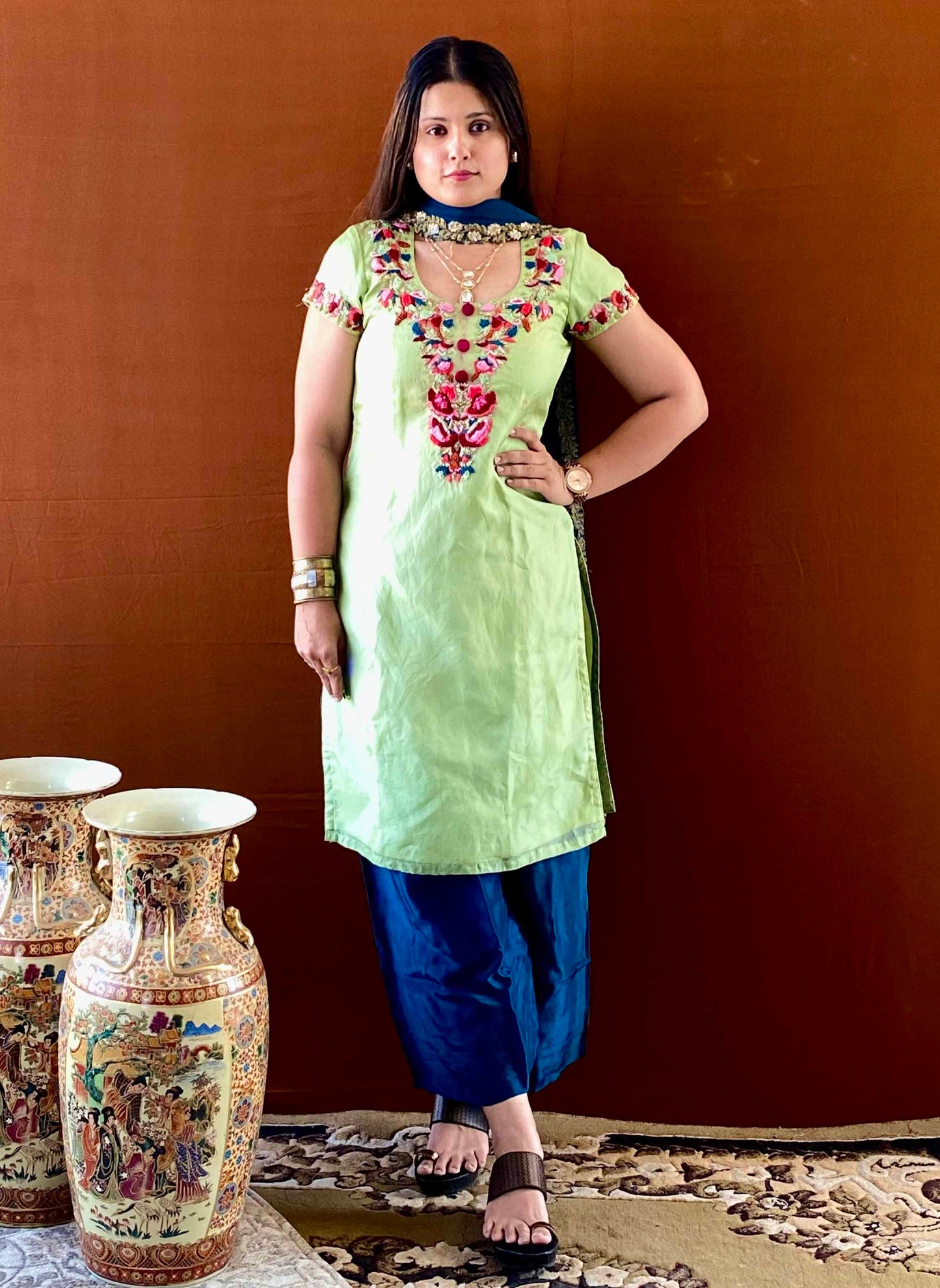 Ziva - Green Hand Embroidered Kurti Set with Handwork Dupatta