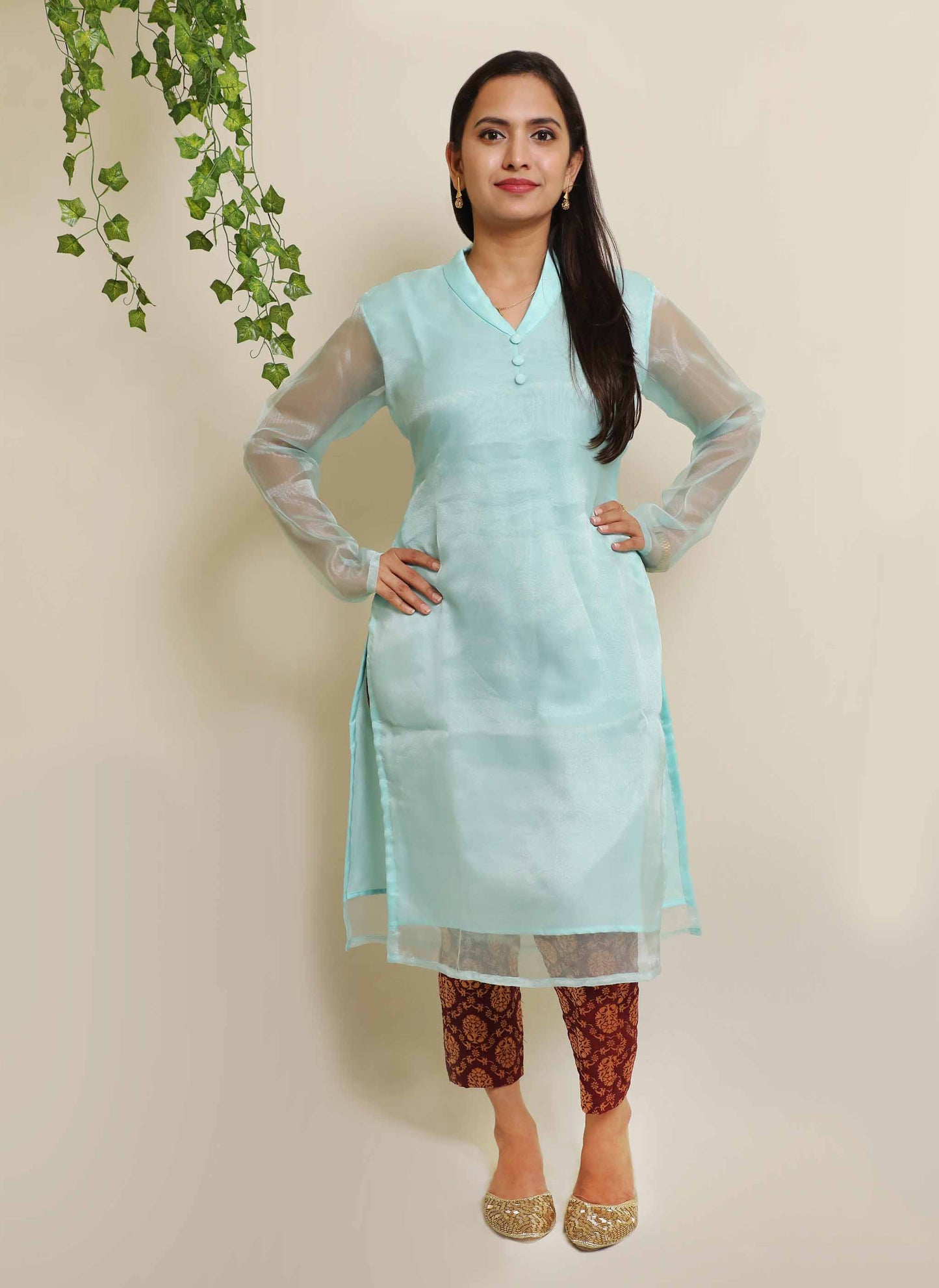 Light Blue Organza Plain Kurti