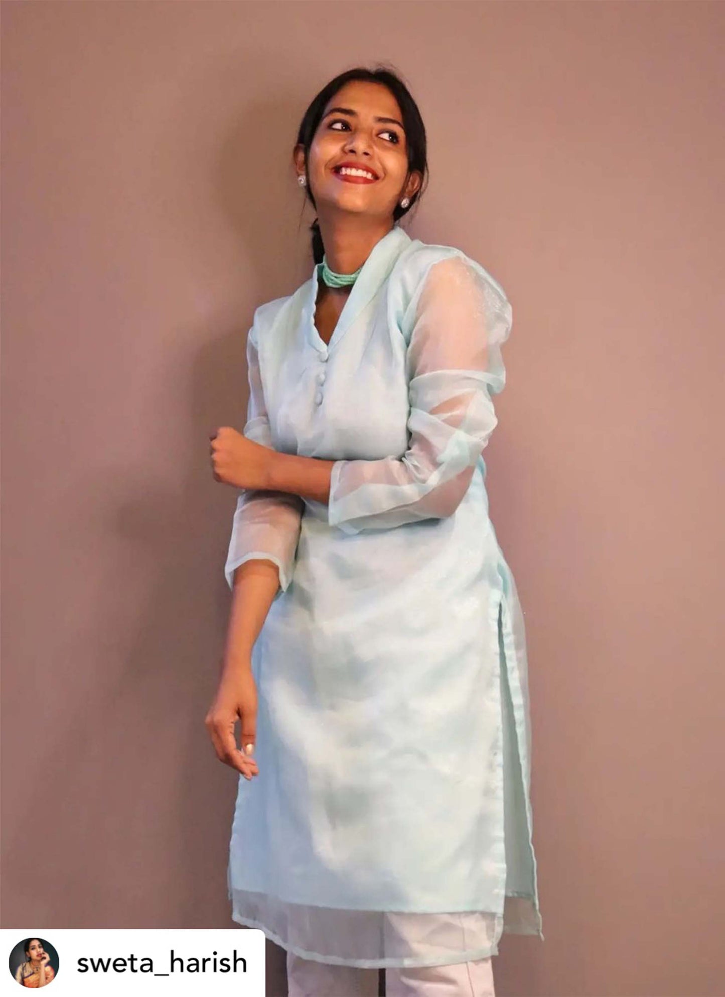 Light Blue Organza Plain Kurti