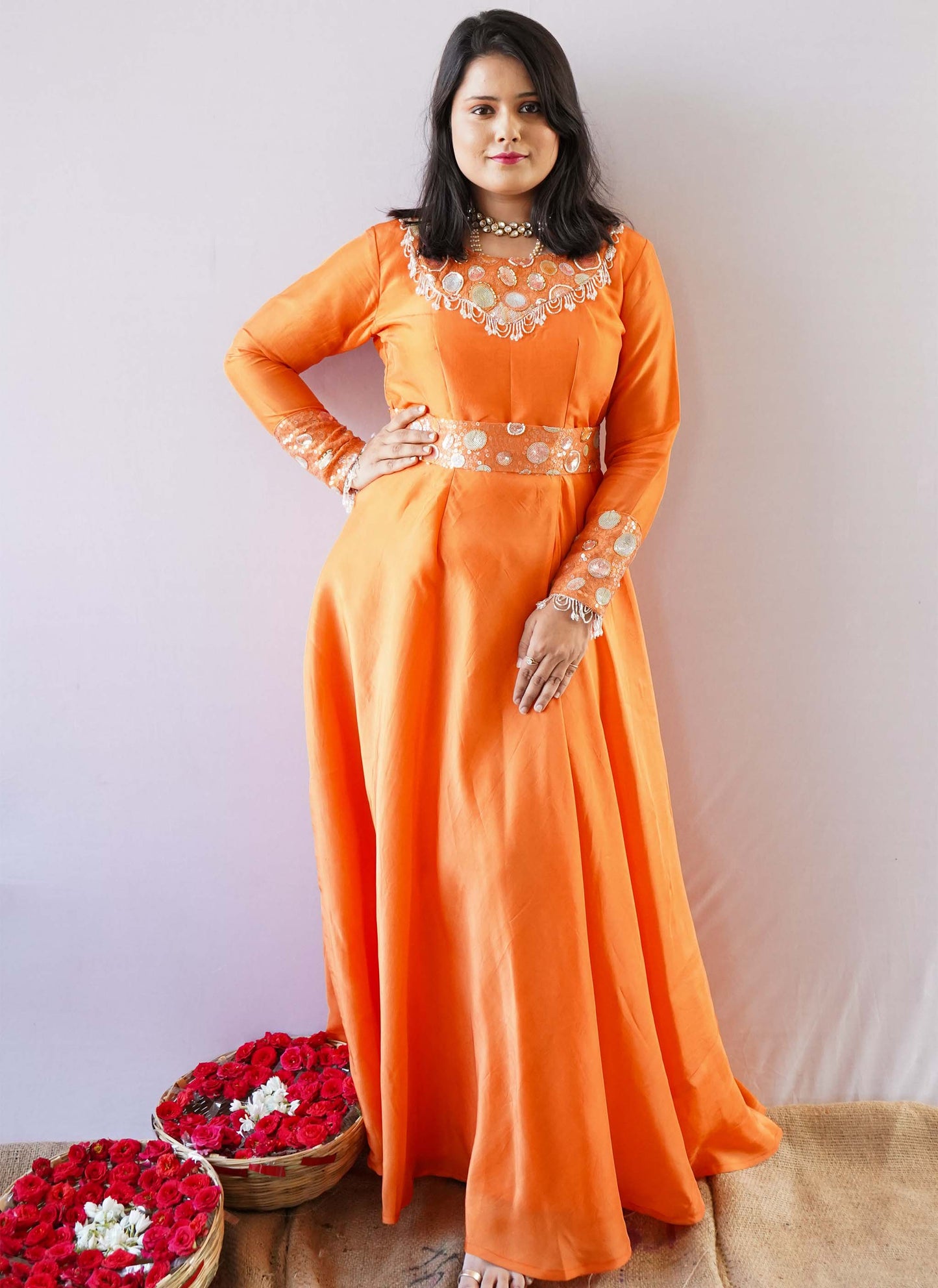 Orange Upada Silk Gown with Pink Dupatta | Anvi Ethnics