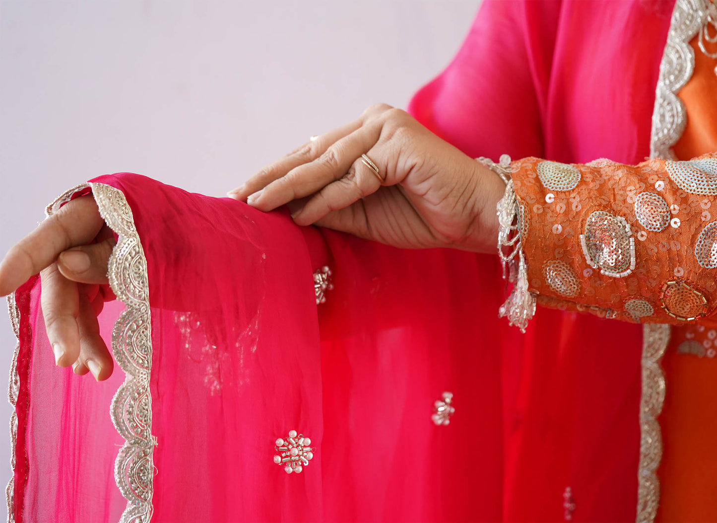 Orange Upada Silk Gown with Pink Dupatta | Anvi Ethnics