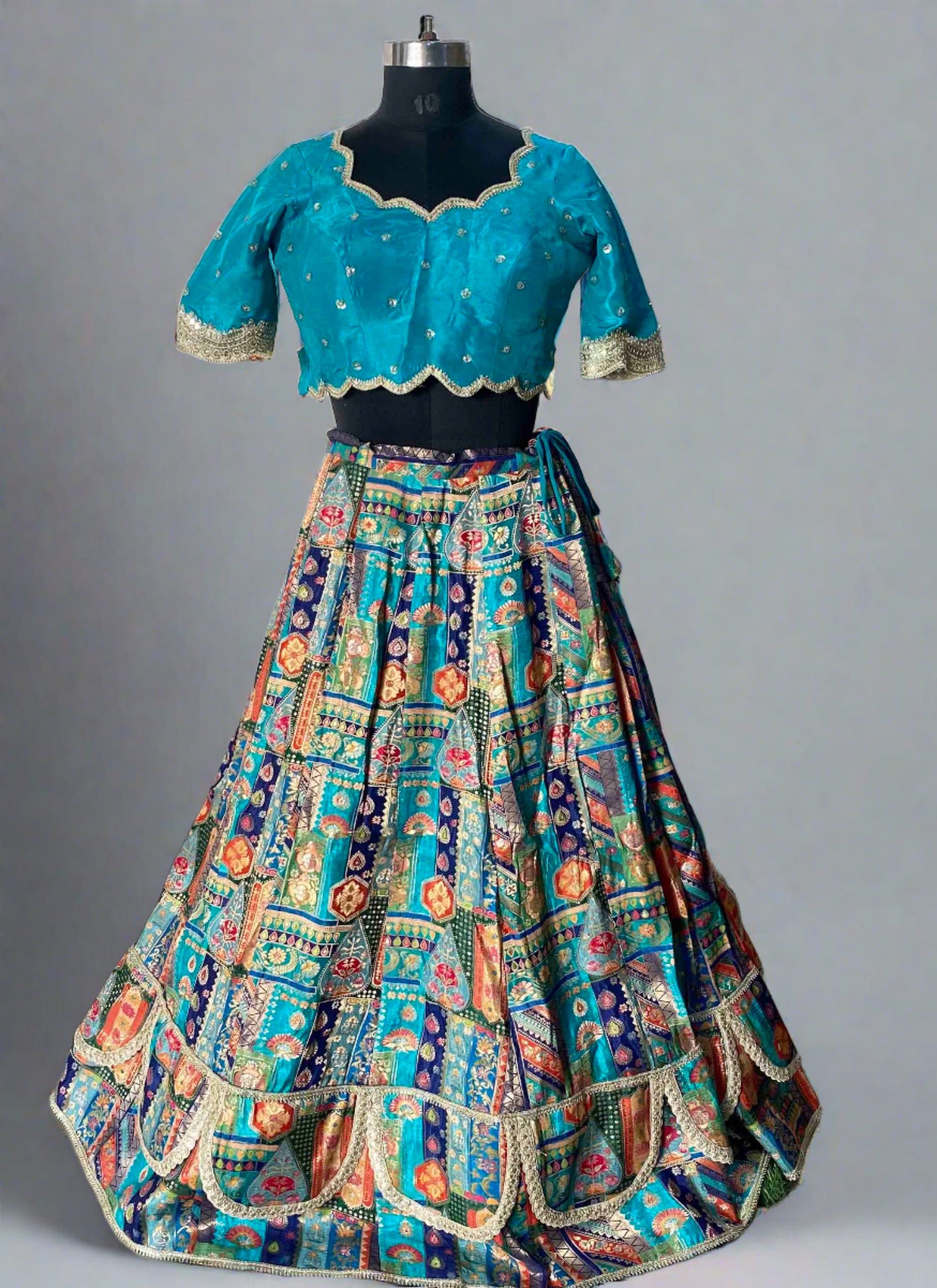 Peacock Blue Patchwork Silk Lehenga