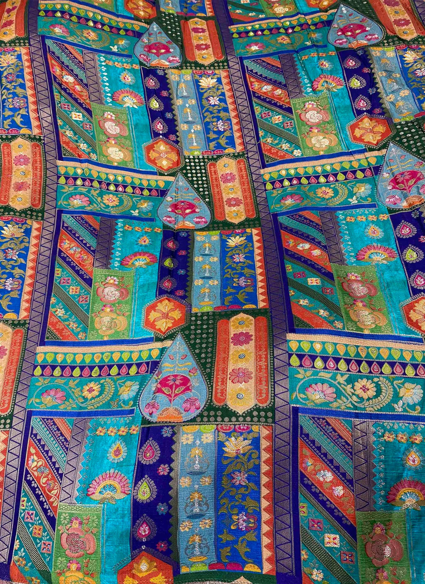 Peacock Blue Patchwork Silk Lehenga