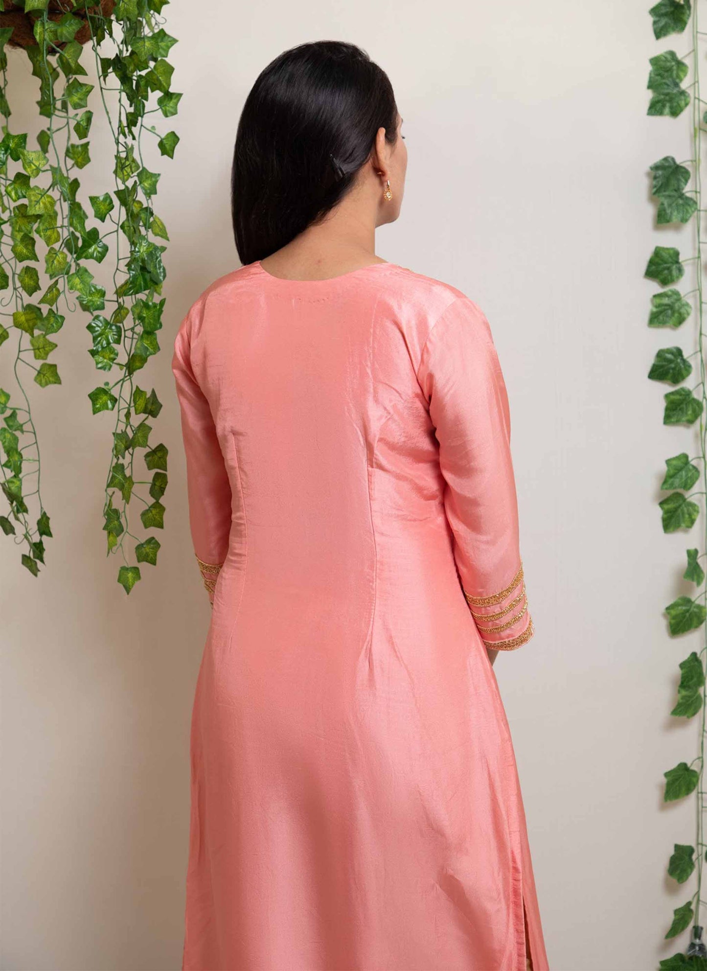 Pink Modal Satin Handwork Kurti