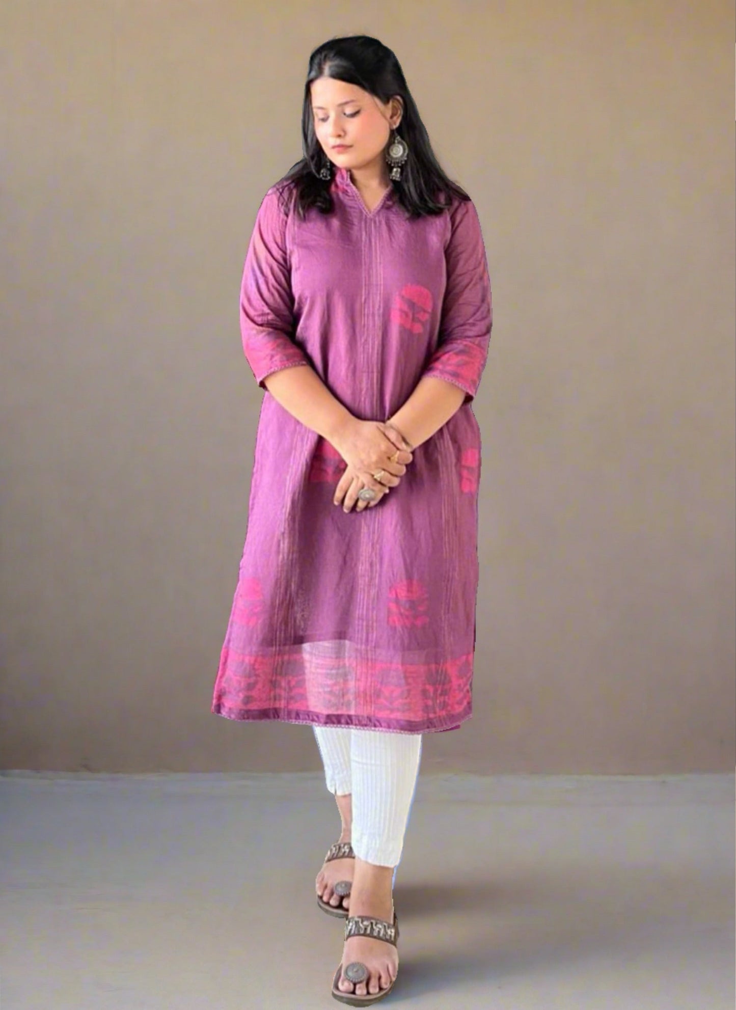 Back neck design Purple Printed Mul Cotton Kurti