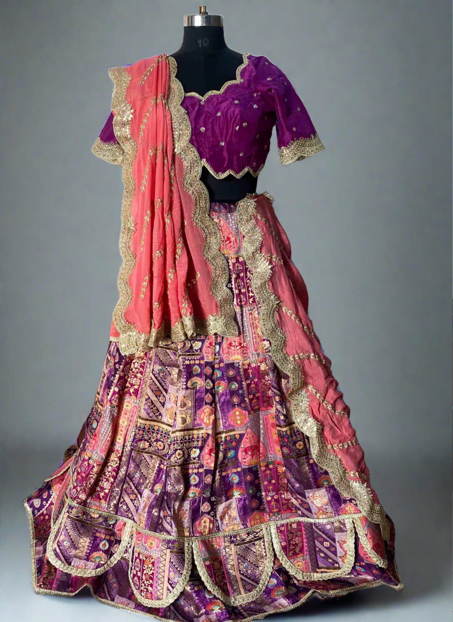 Purple Patchwork Silk Lehenga