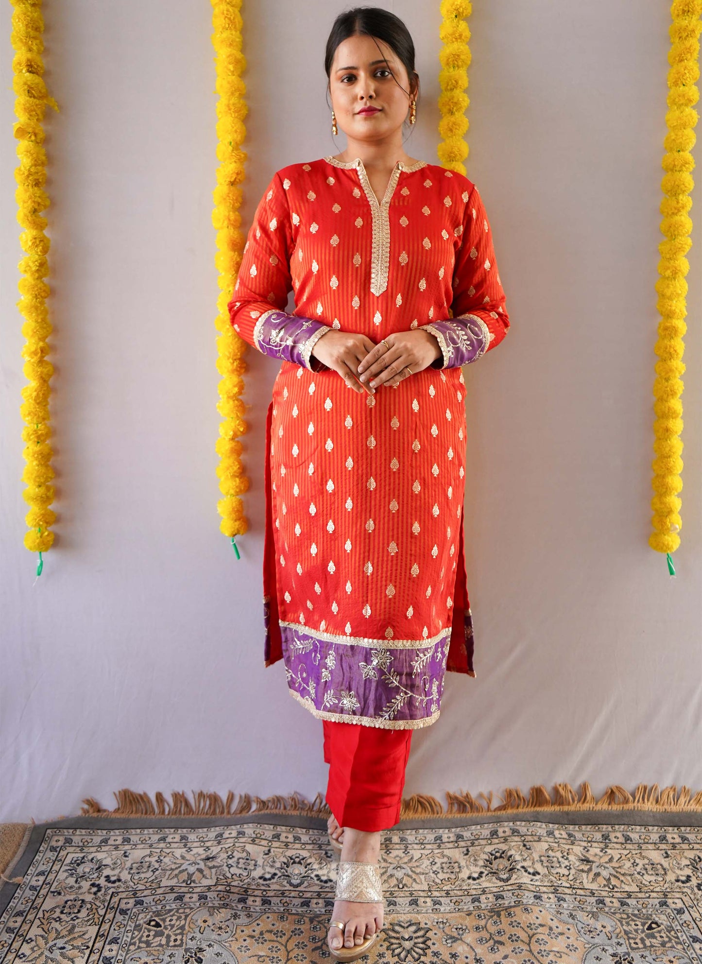 Red Zari Tissue Kurti Set | Anvi Ethnics