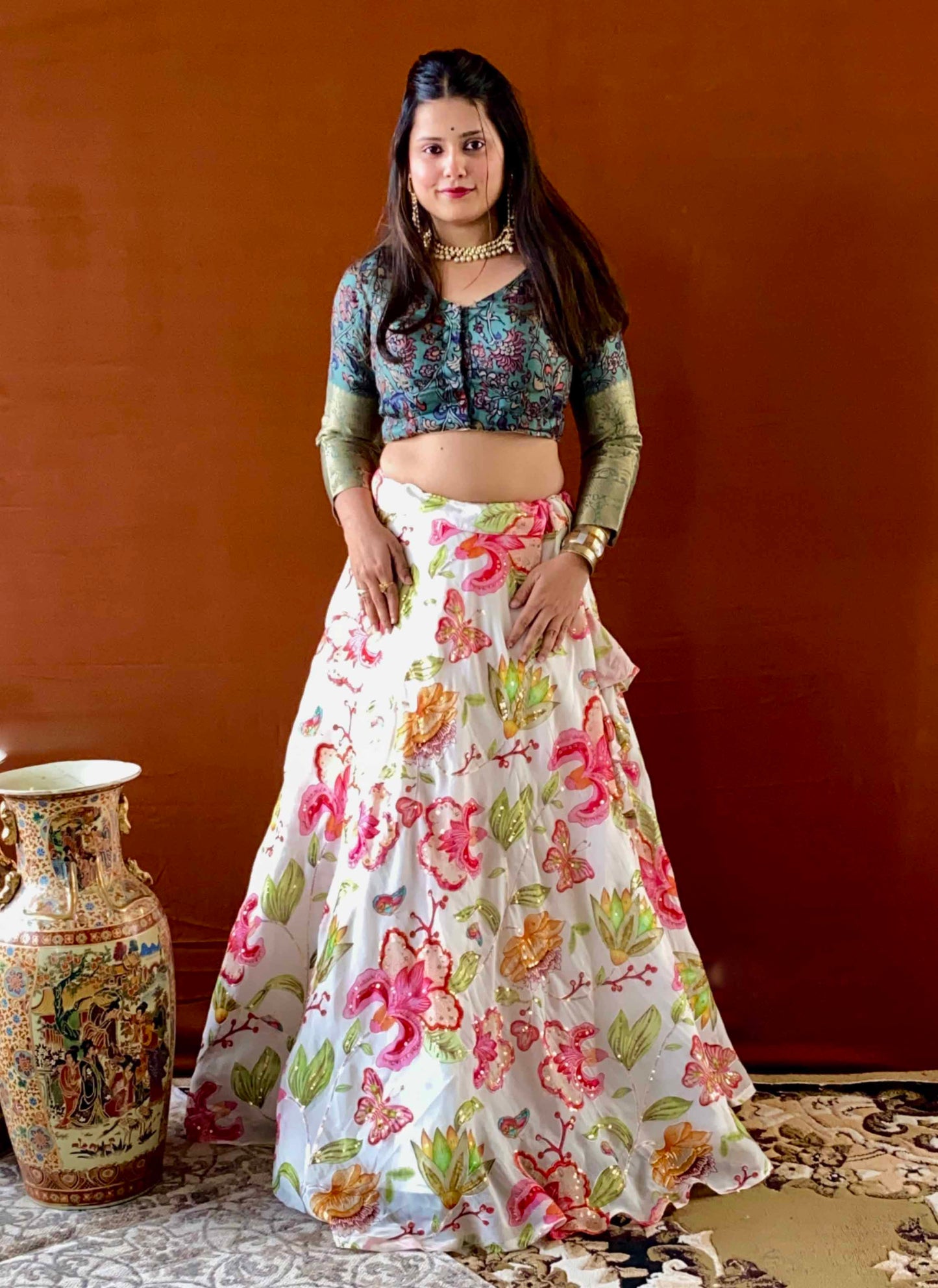 Shubhaantar - White Georgette Floral Lehenga