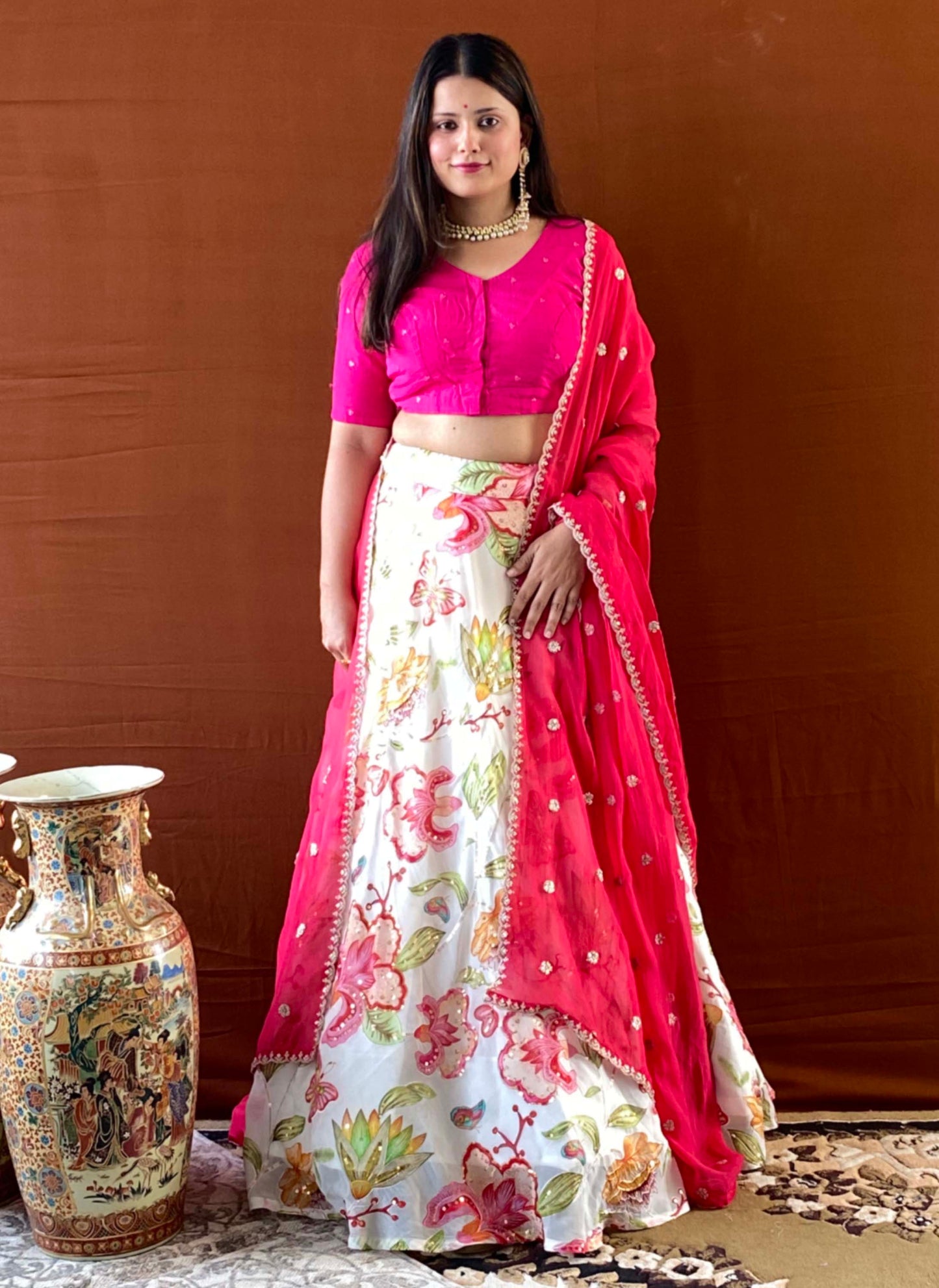 Shubhaantar - White Georgette Floral Lehenga