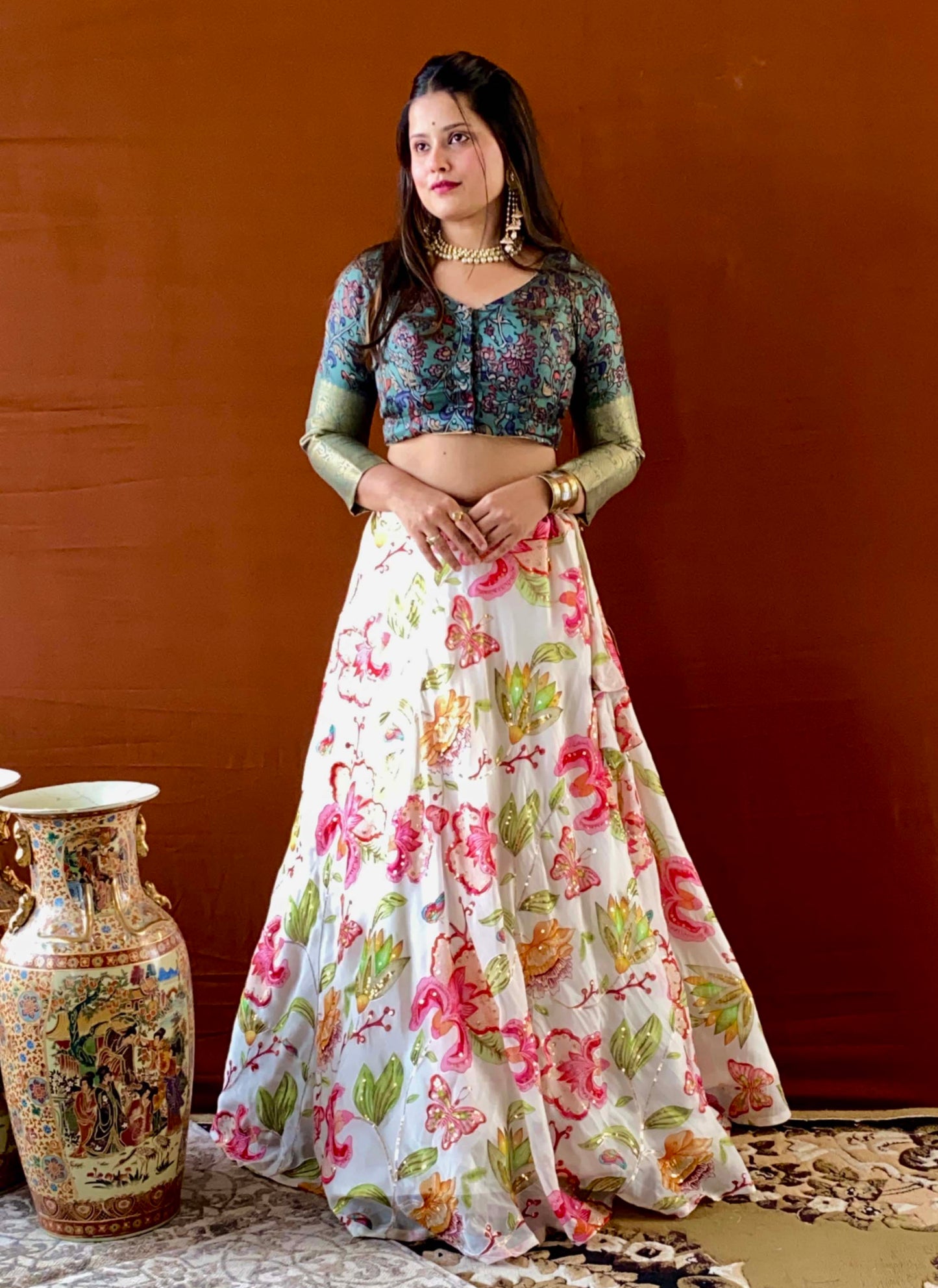 Shubhaantar - White Georgette Floral Lehenga