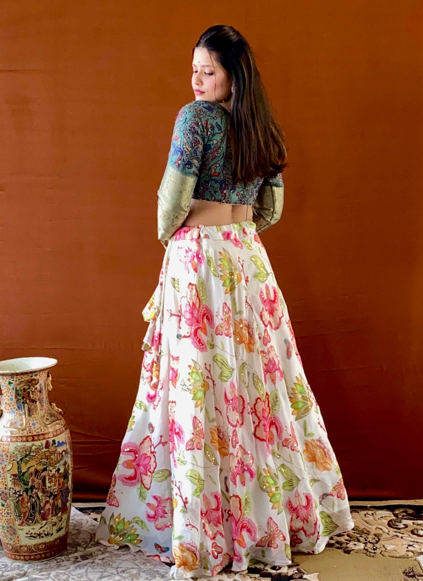 Shubhaantar - White Georgette Floral Lehenga