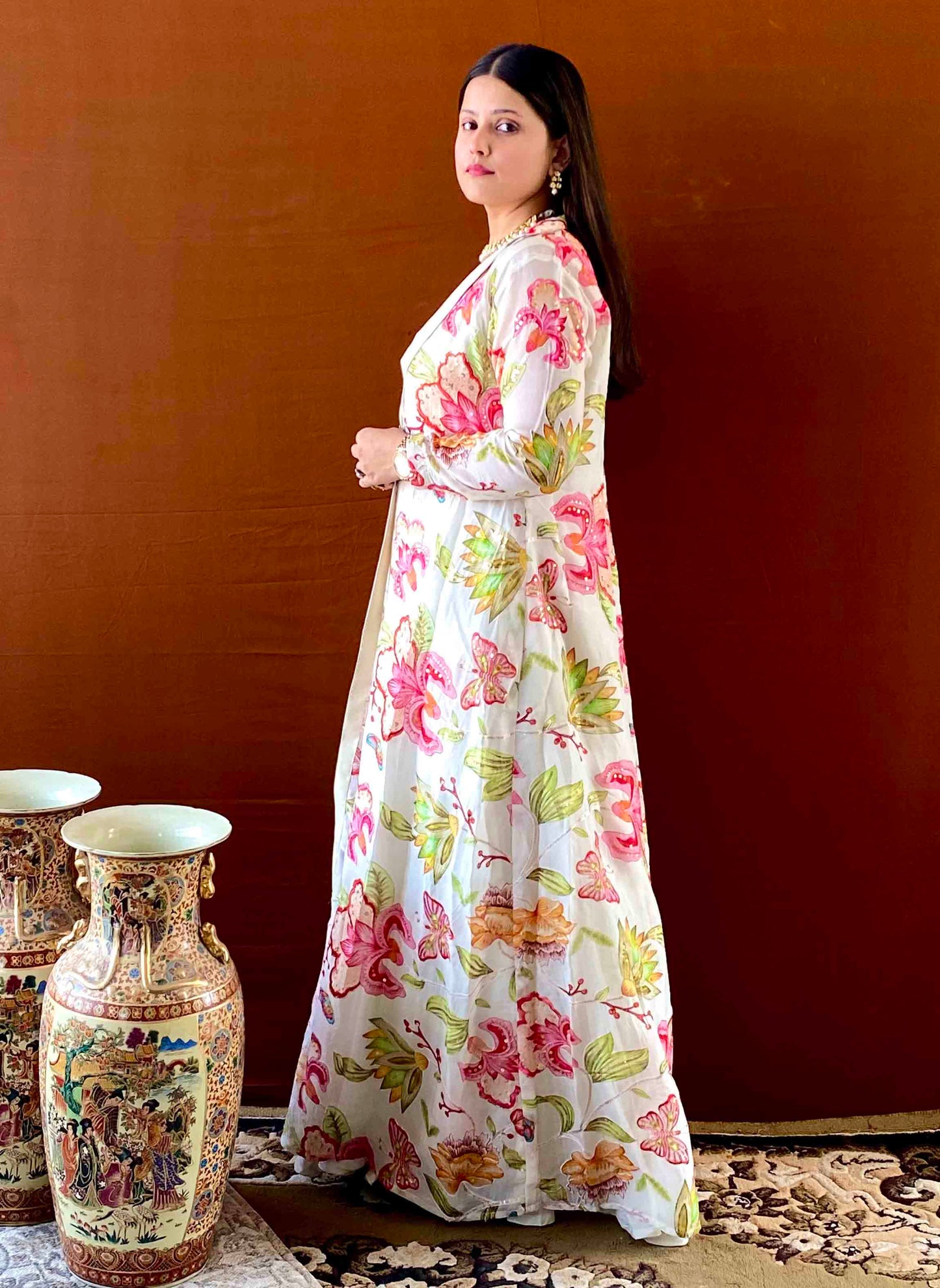 Ziva - White Gown with White Floral Jacket Set