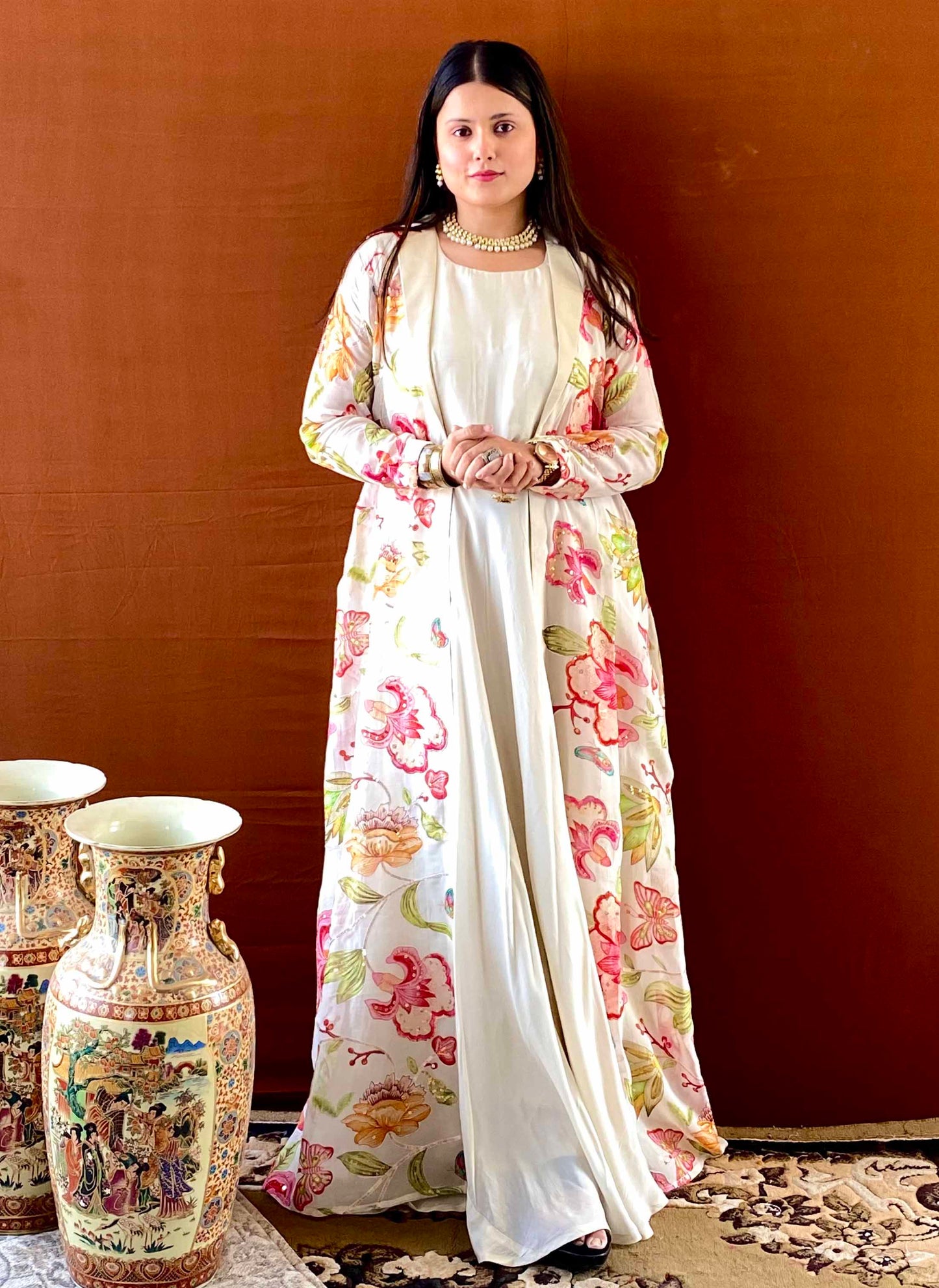 Ziva - White Gown with White Floral Jacket Set