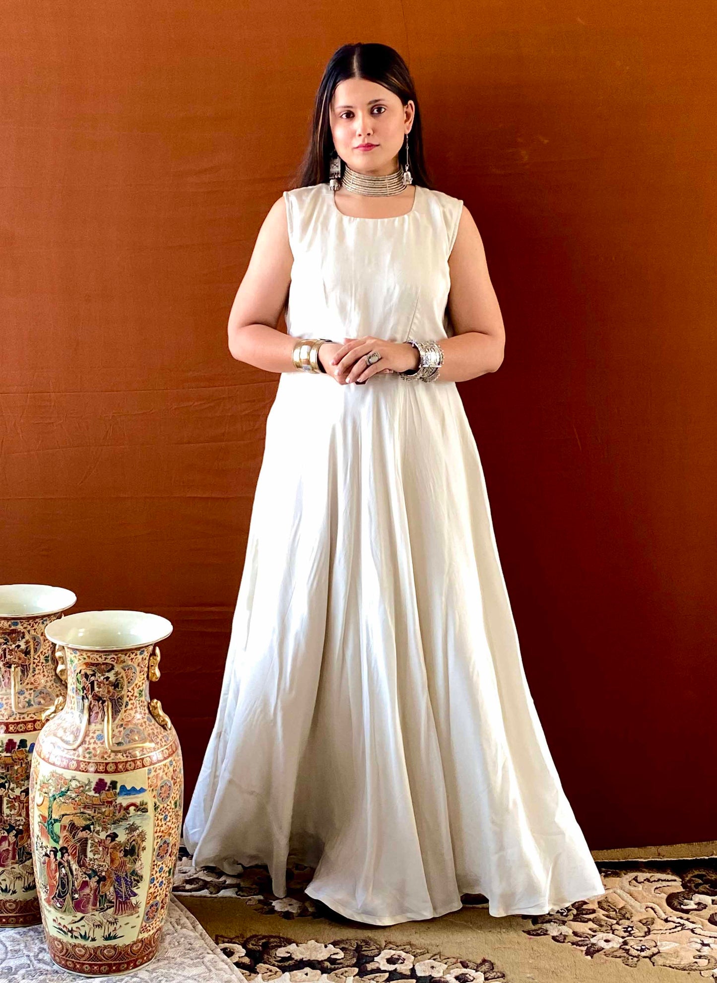 Ziva - White Gown with White Floral Jacket Set