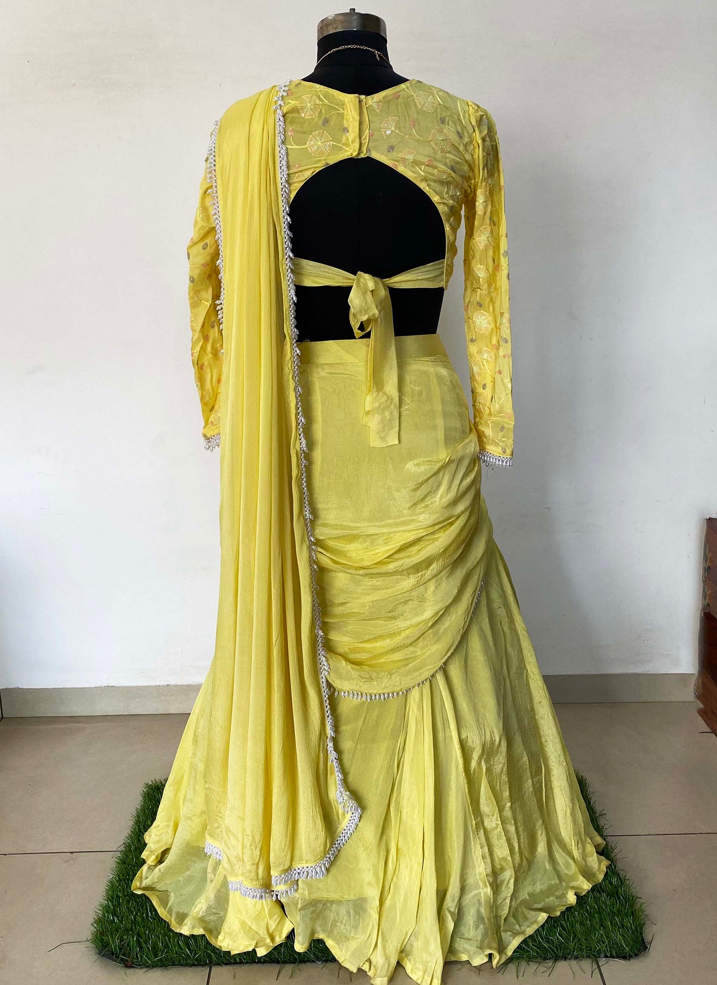 Yellow Chinon Crepe Predraped Saree