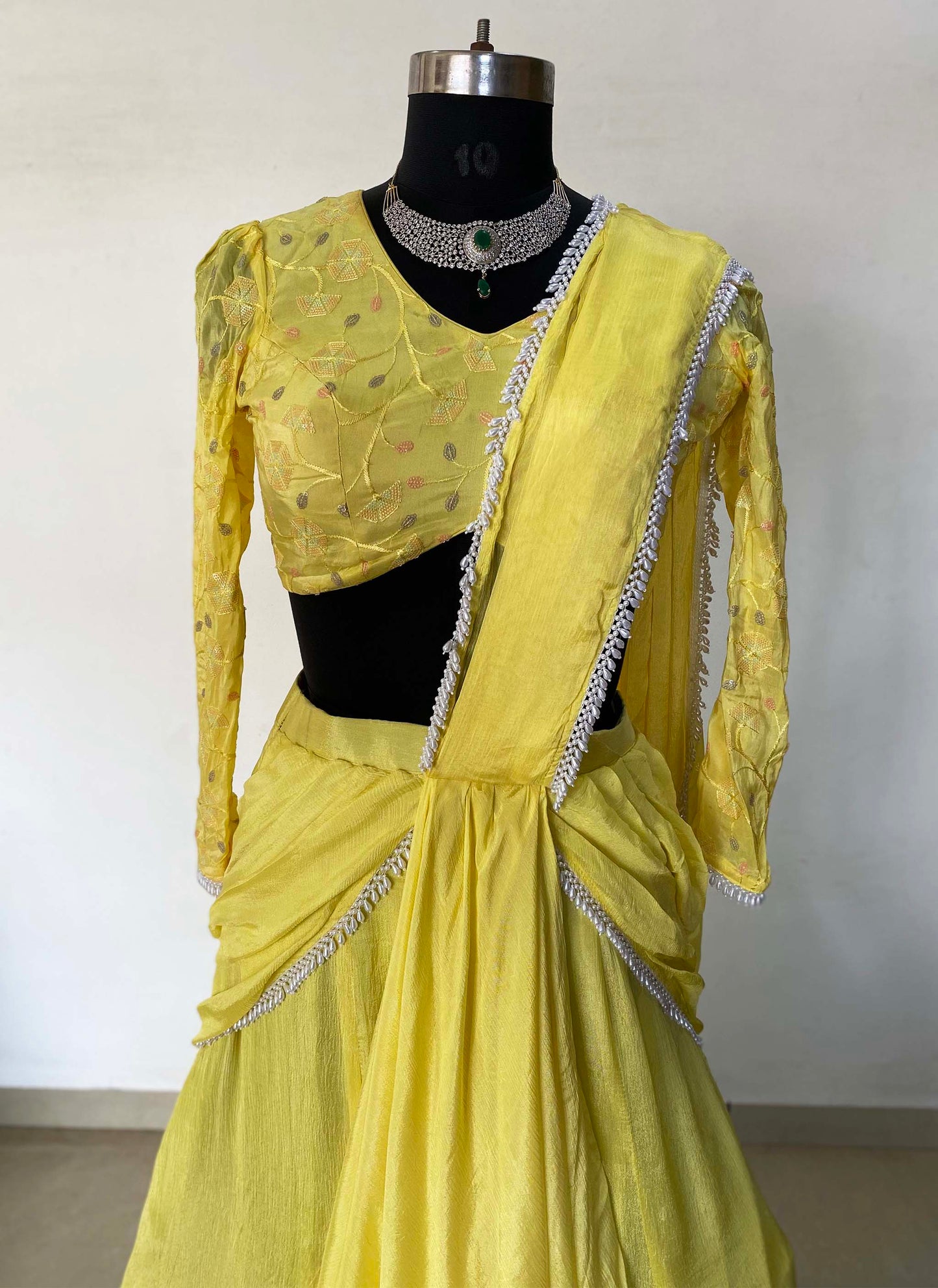 Yellow Chinon Crepe Predraped Saree