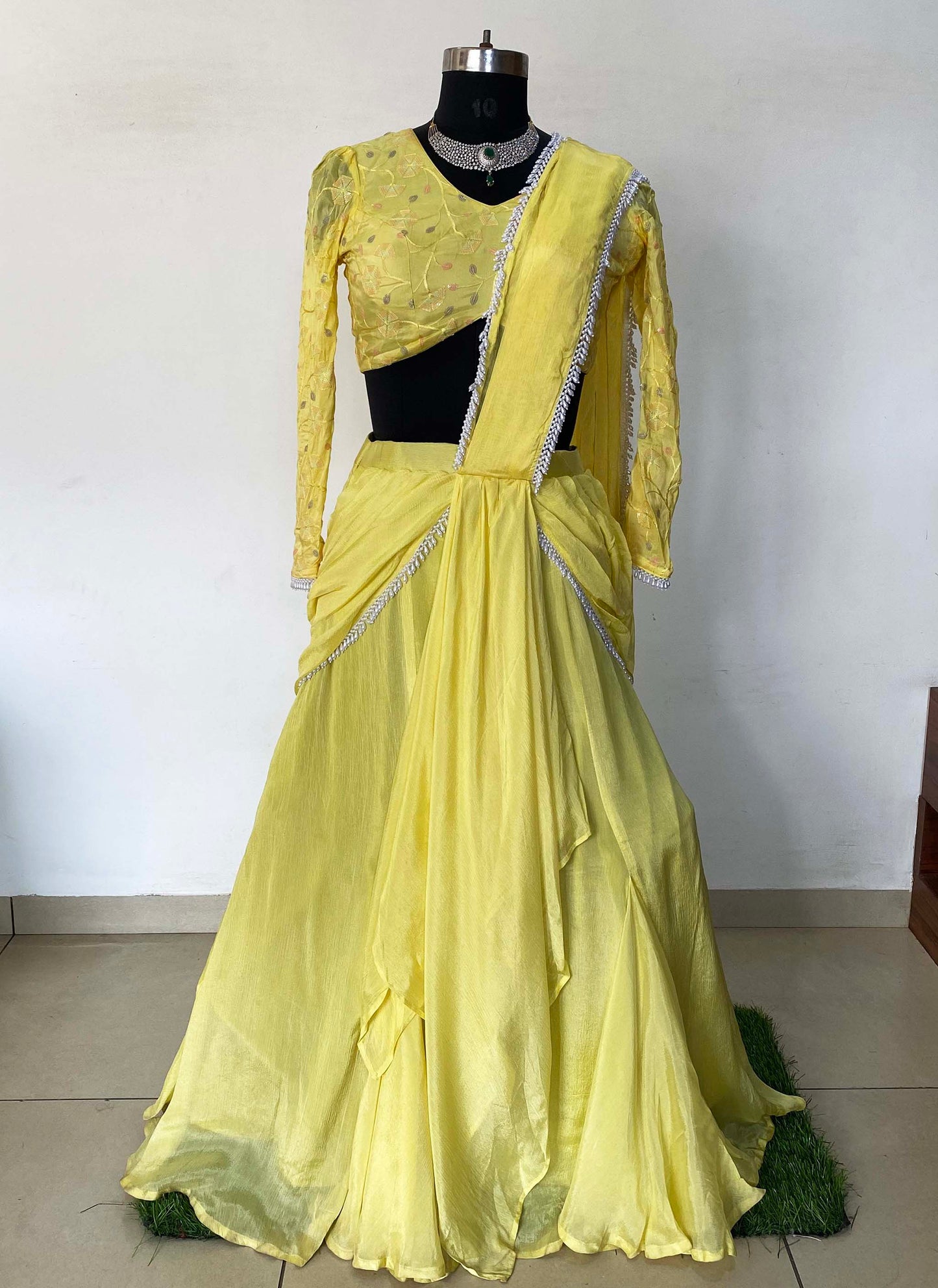 Yellow Chinon Crepe Predraped Saree