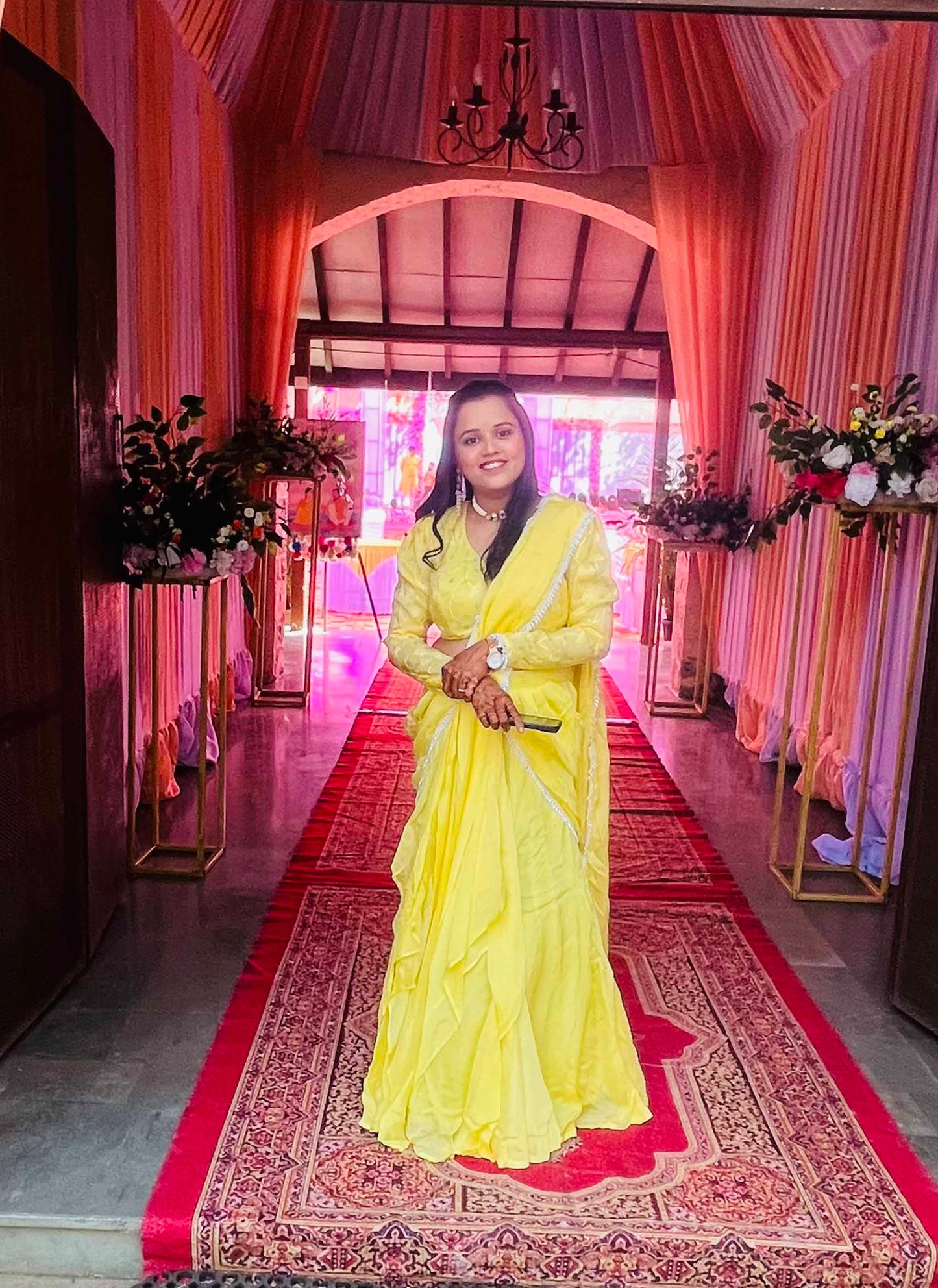 Yellow Chinon Crepe Predraped Saree
