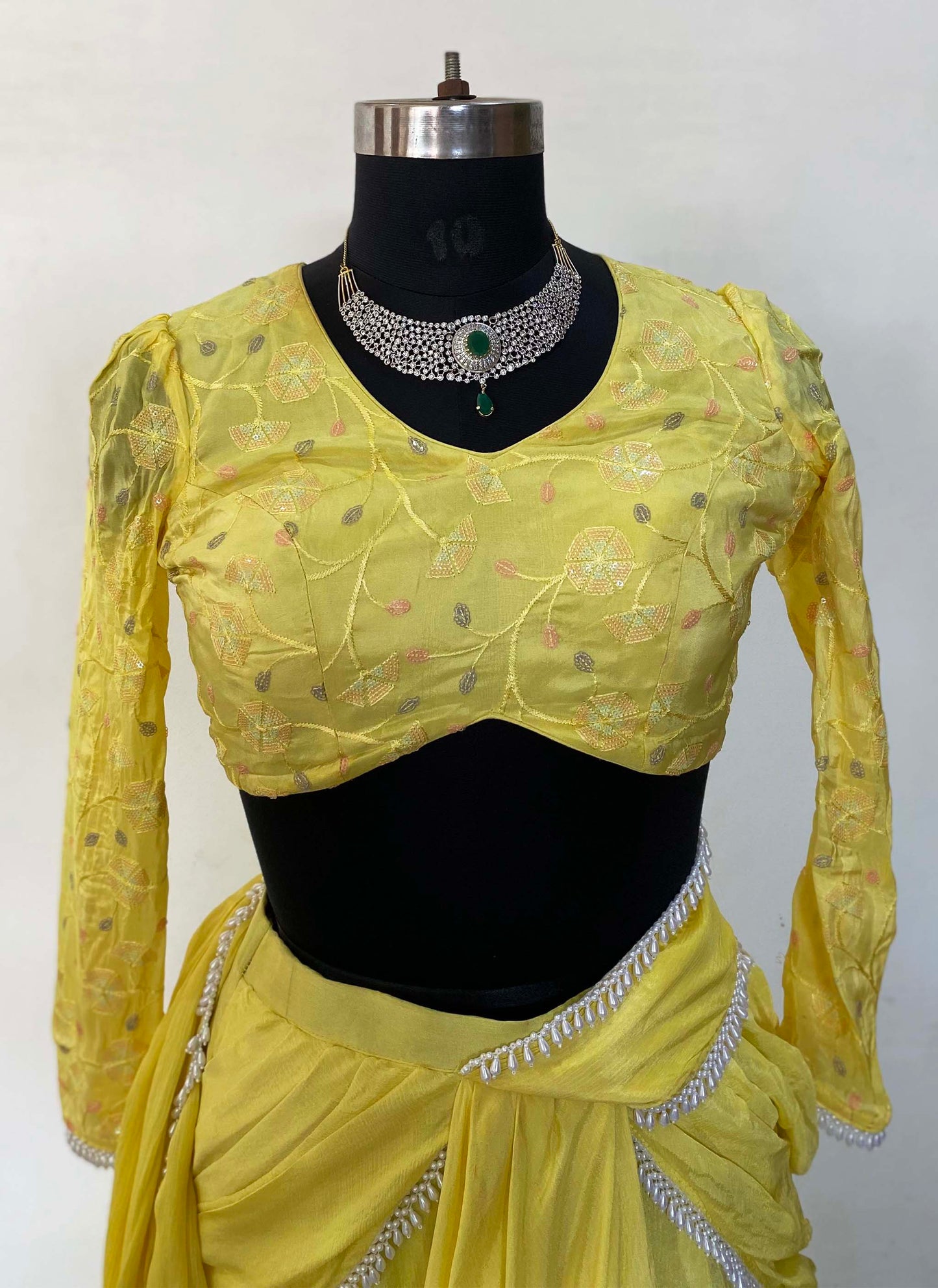 Yellow Chinon Crepe Predraped Saree
