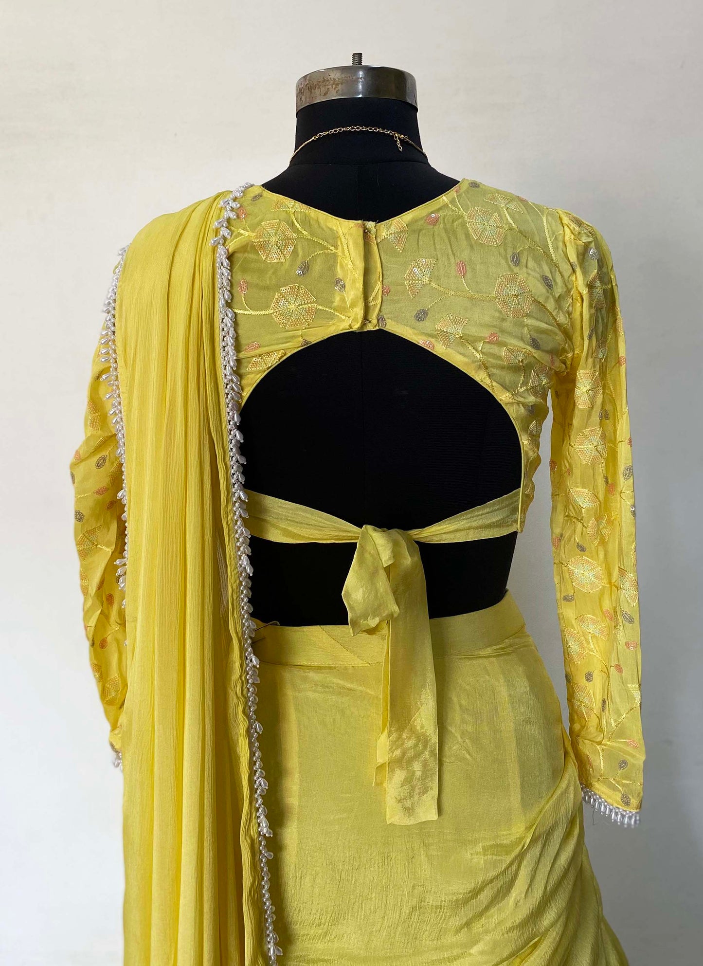 Yellow Chinon Crepe Predraped Saree