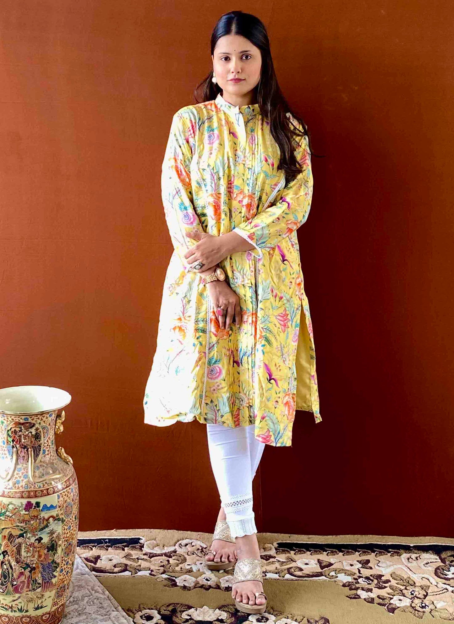 Saumya - Yellow Printed Cotton Silk Kurta for Women