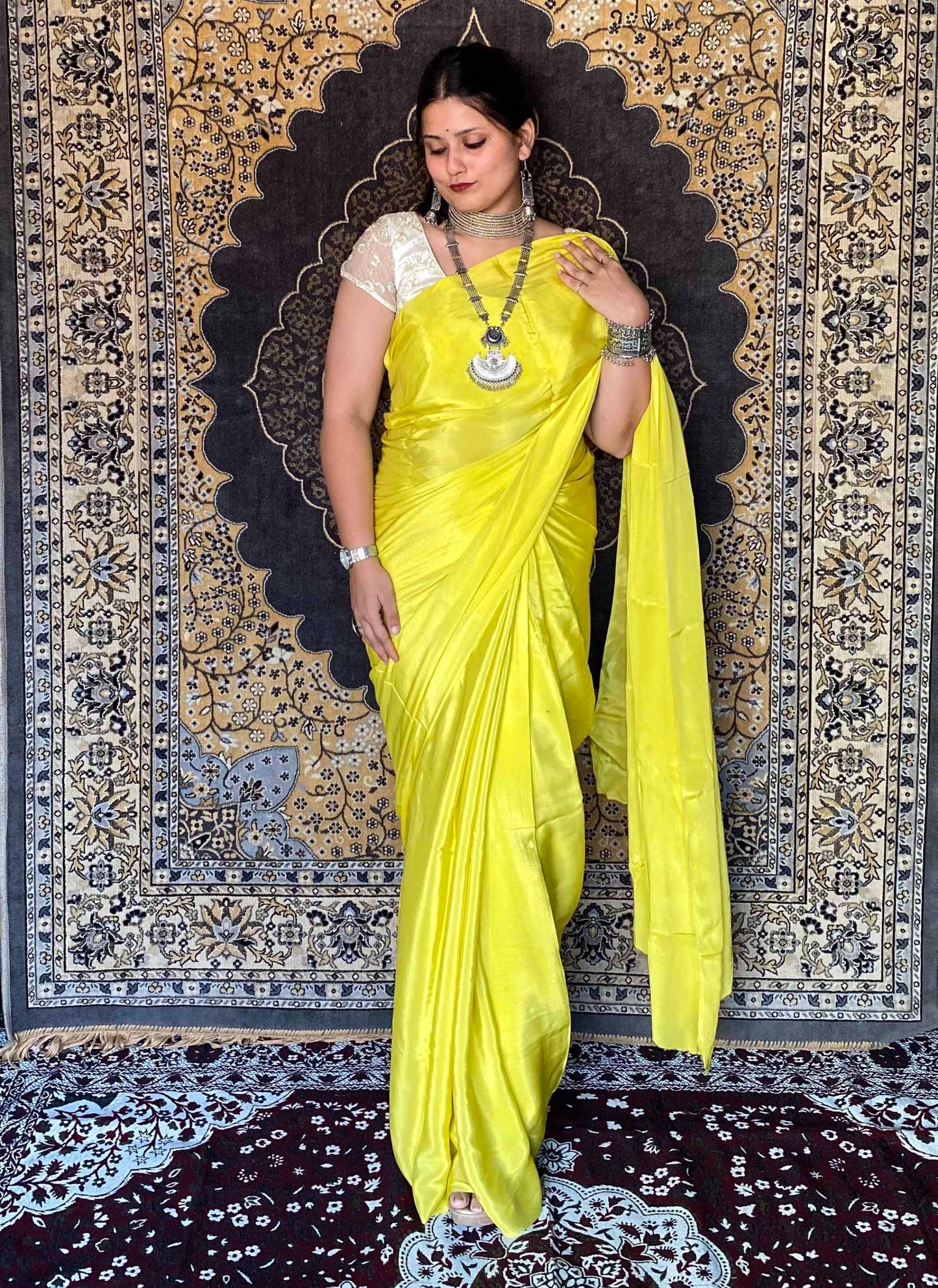 Yellow Crepe Italian Plain Saree