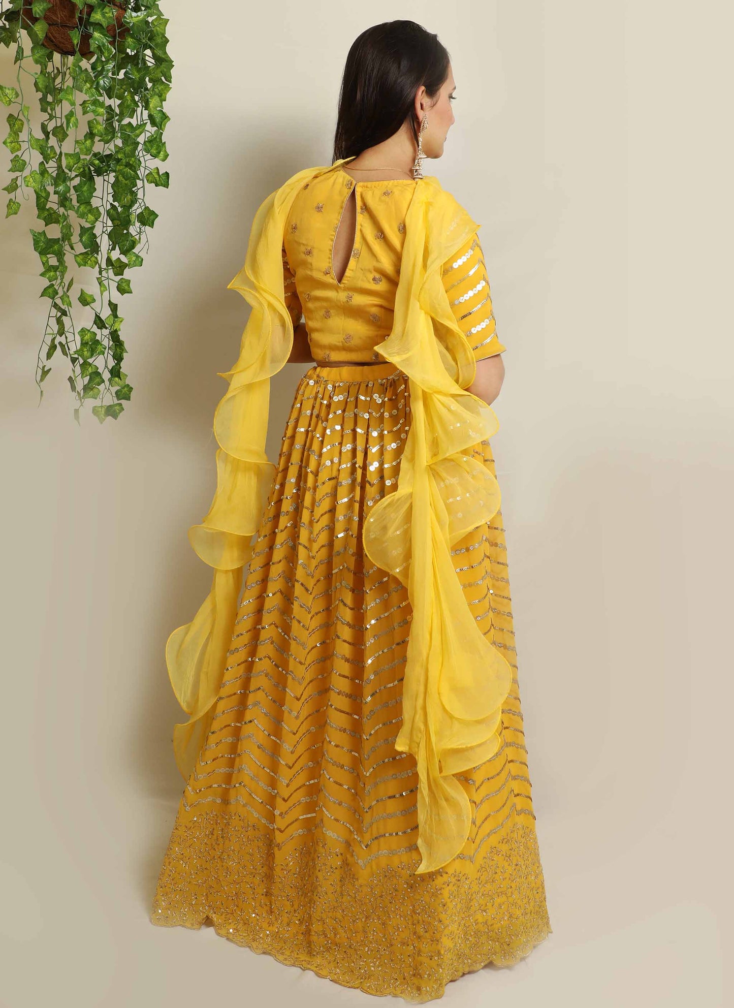 Yellow Georgette Sequin Lehenga Set