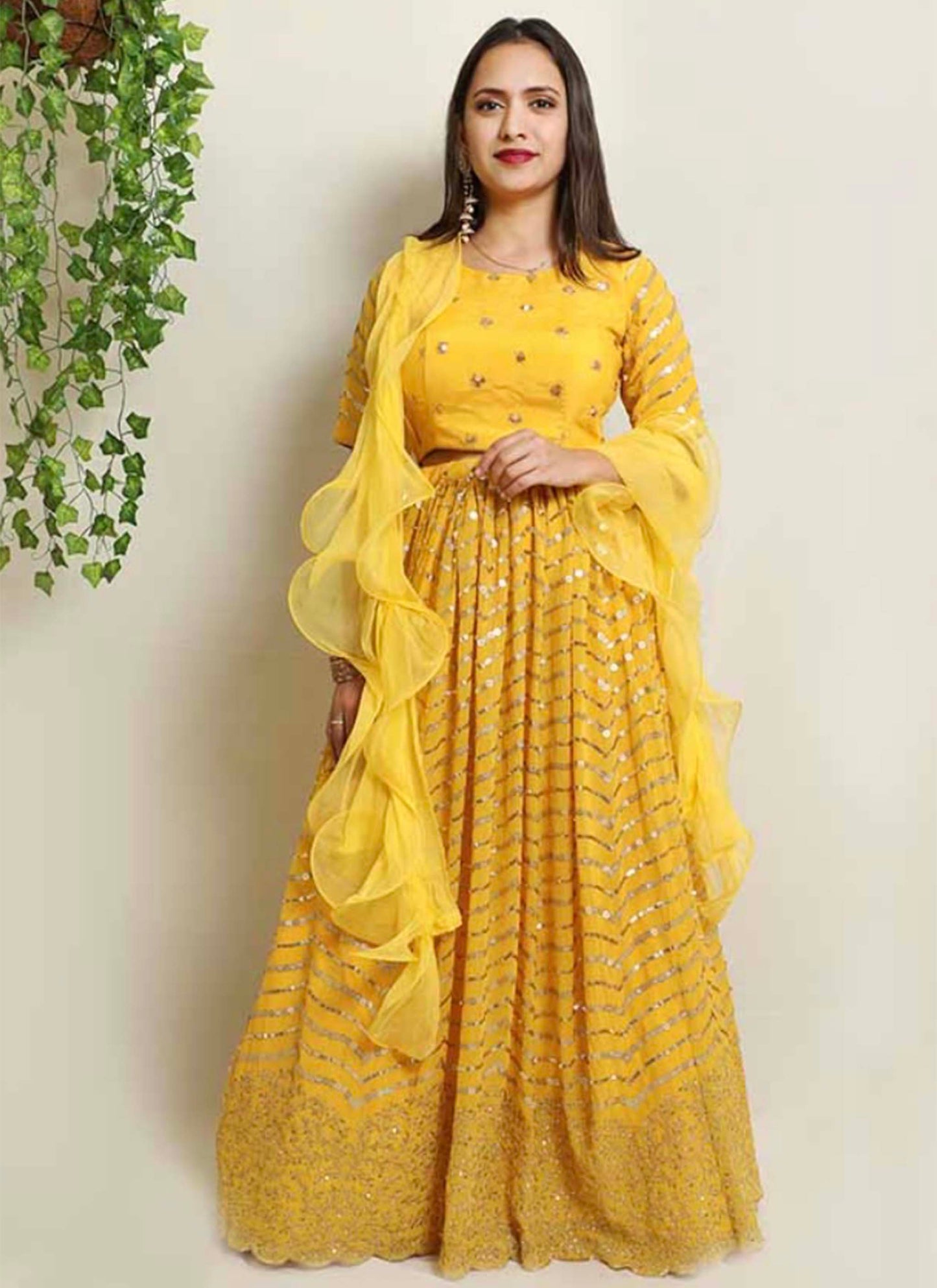 Yellow Georgette Sequin Lehenga Set