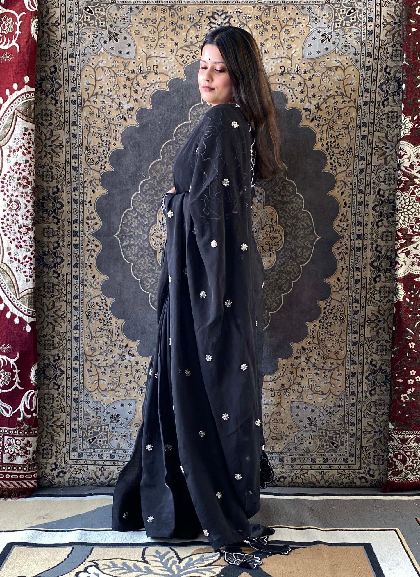 Shubhaantar - Black Georgette Organza Handwork Saree