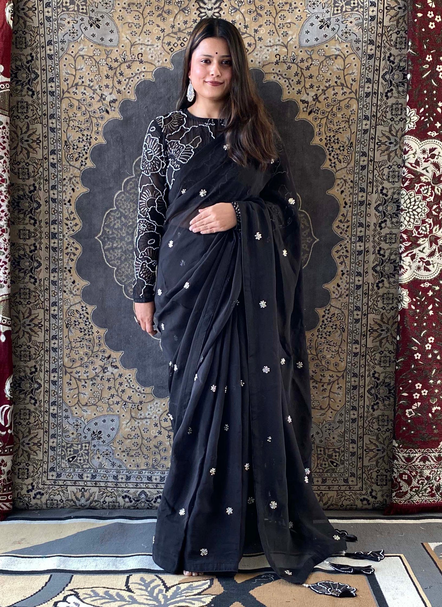 Shubhaantar - Black Georgette Organza Handwork Saree