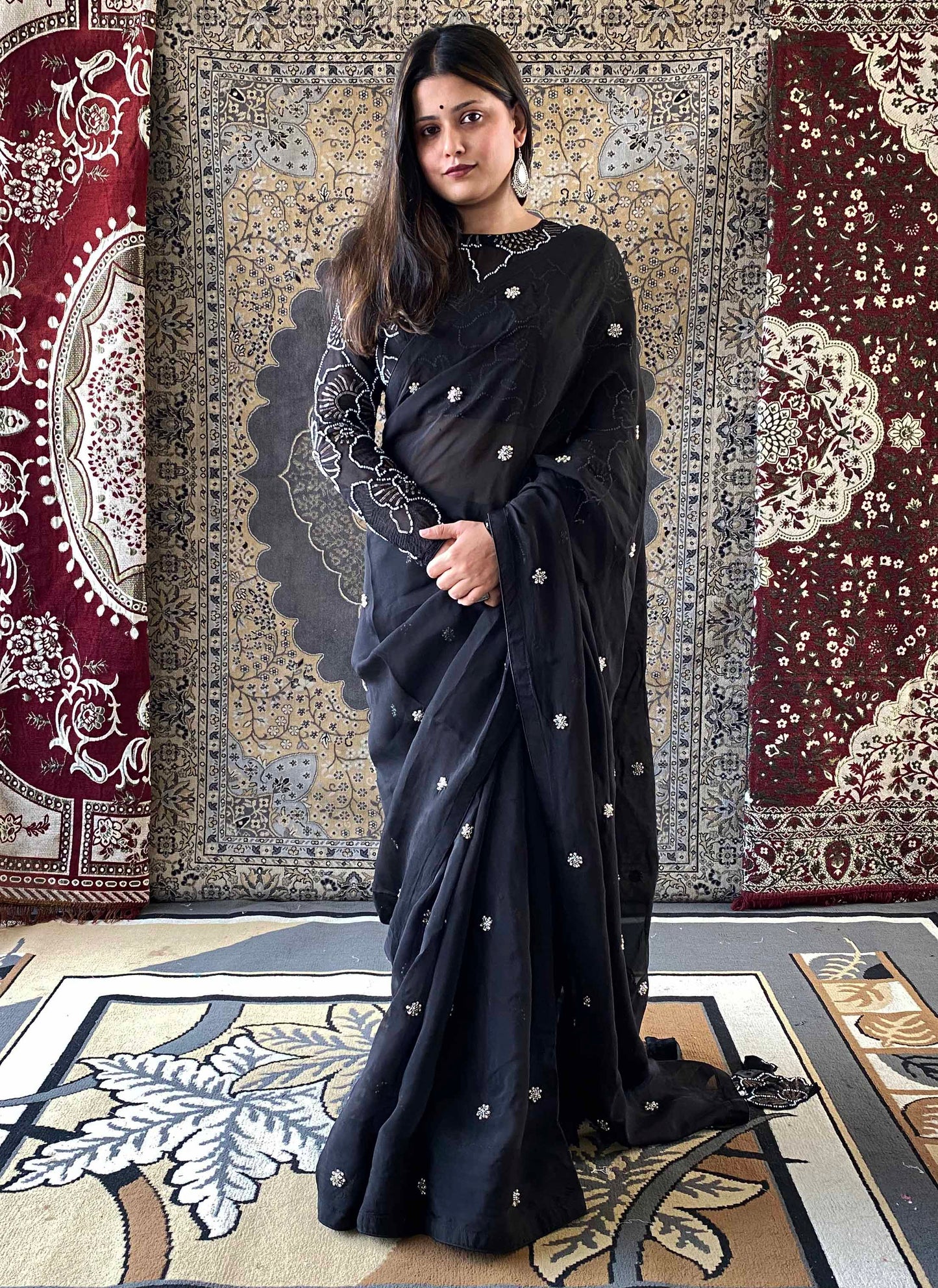 Shubhaantar - Black Georgette Organza Handwork Saree