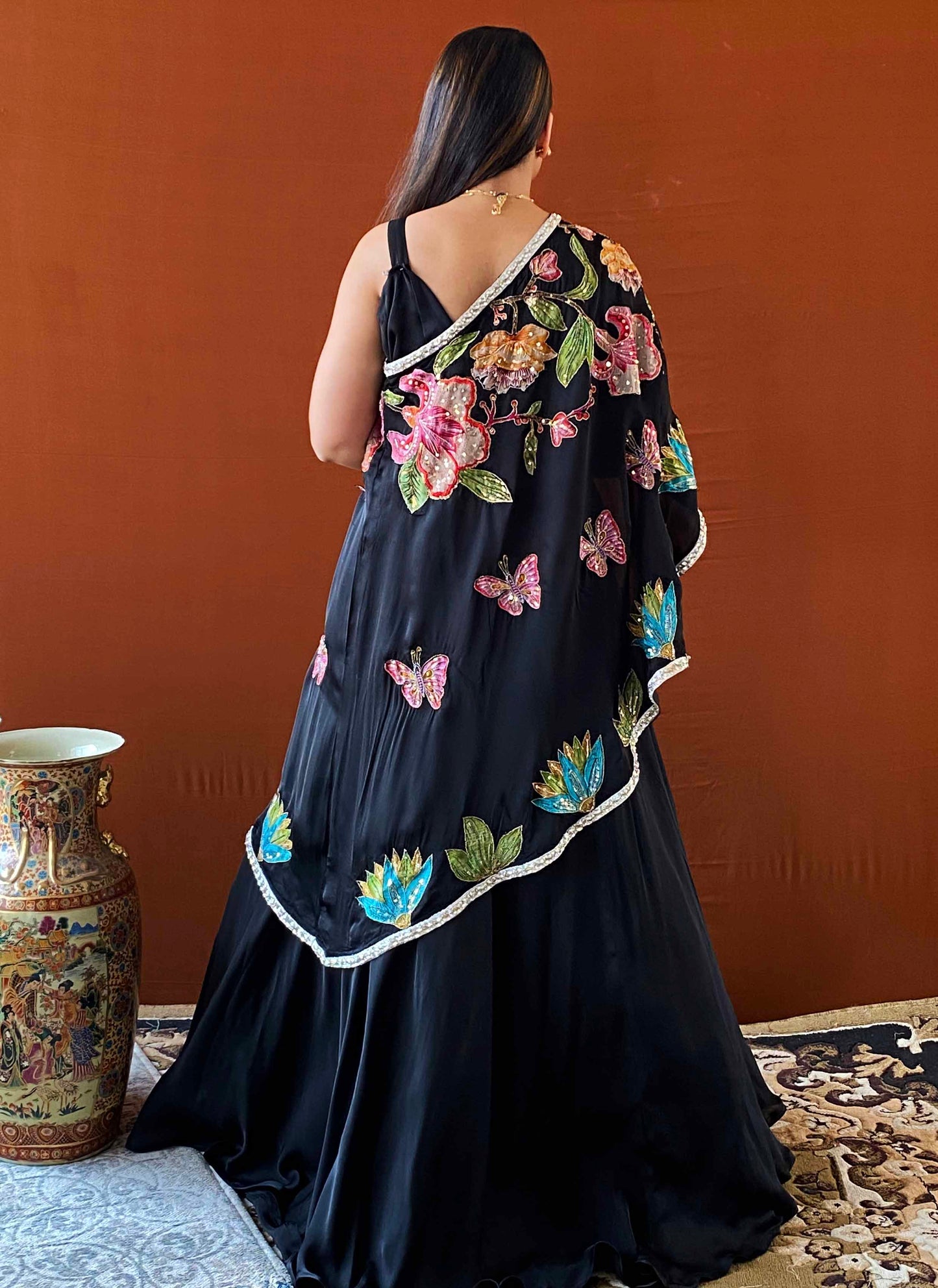 Husn - Black Modal Satin Floral Patchwork Lehenga Set