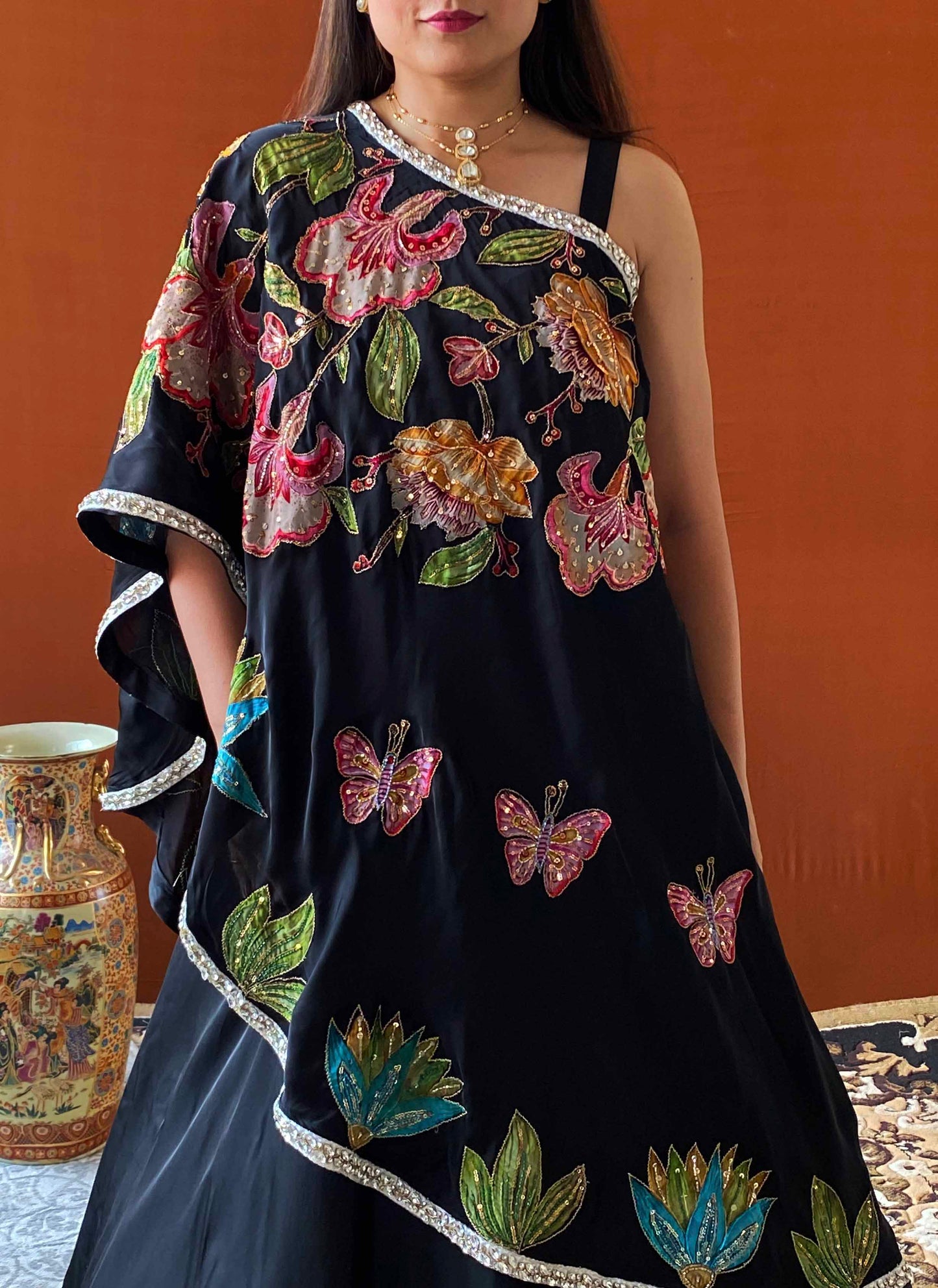 Husn - Black Modal Satin Floral Patchwork Lehenga Set