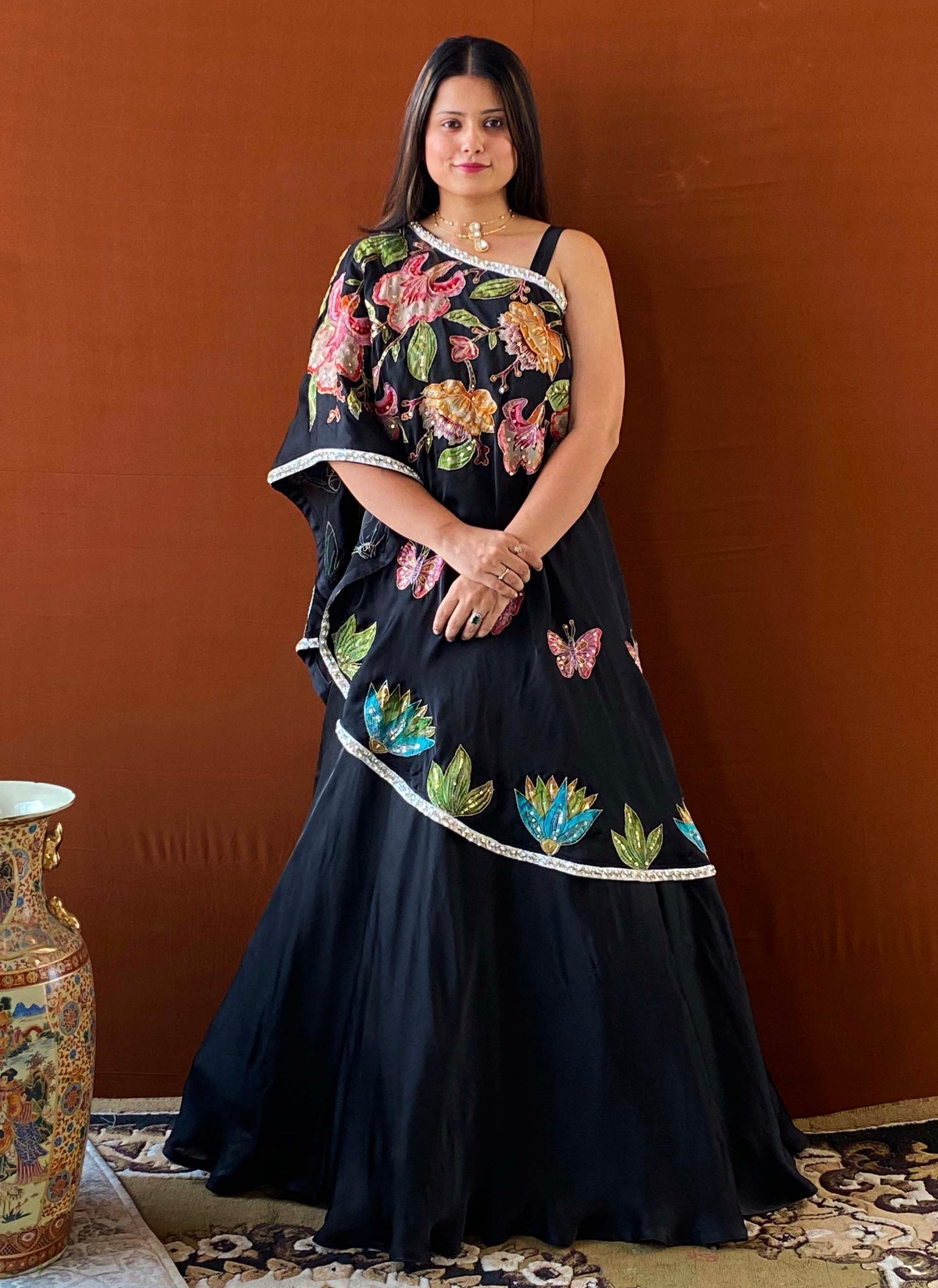 Husn - Black Modal Satin Floral Patchwork Lehenga Set