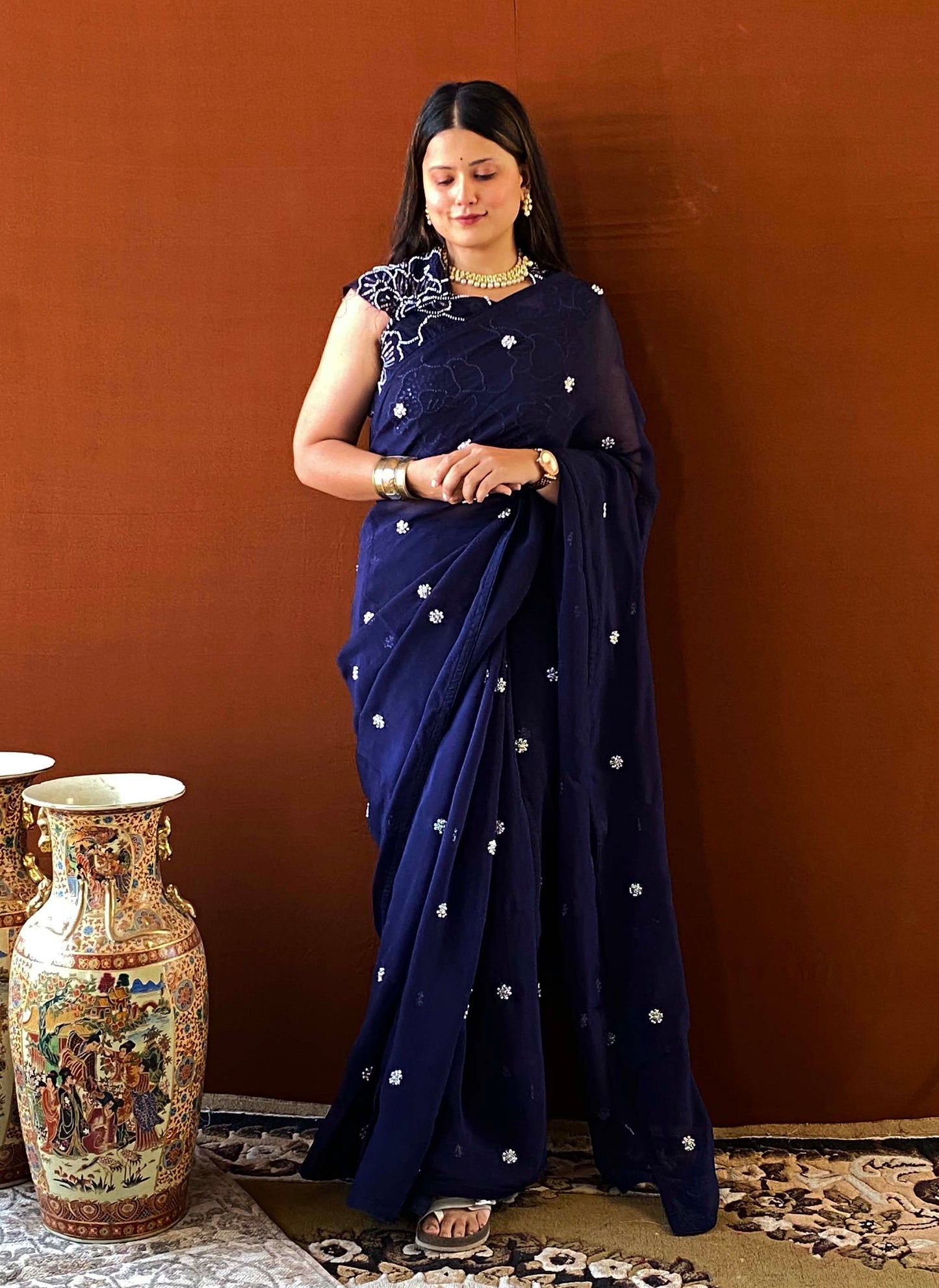 Husn - Blue Georgette Organza Pearl Saree