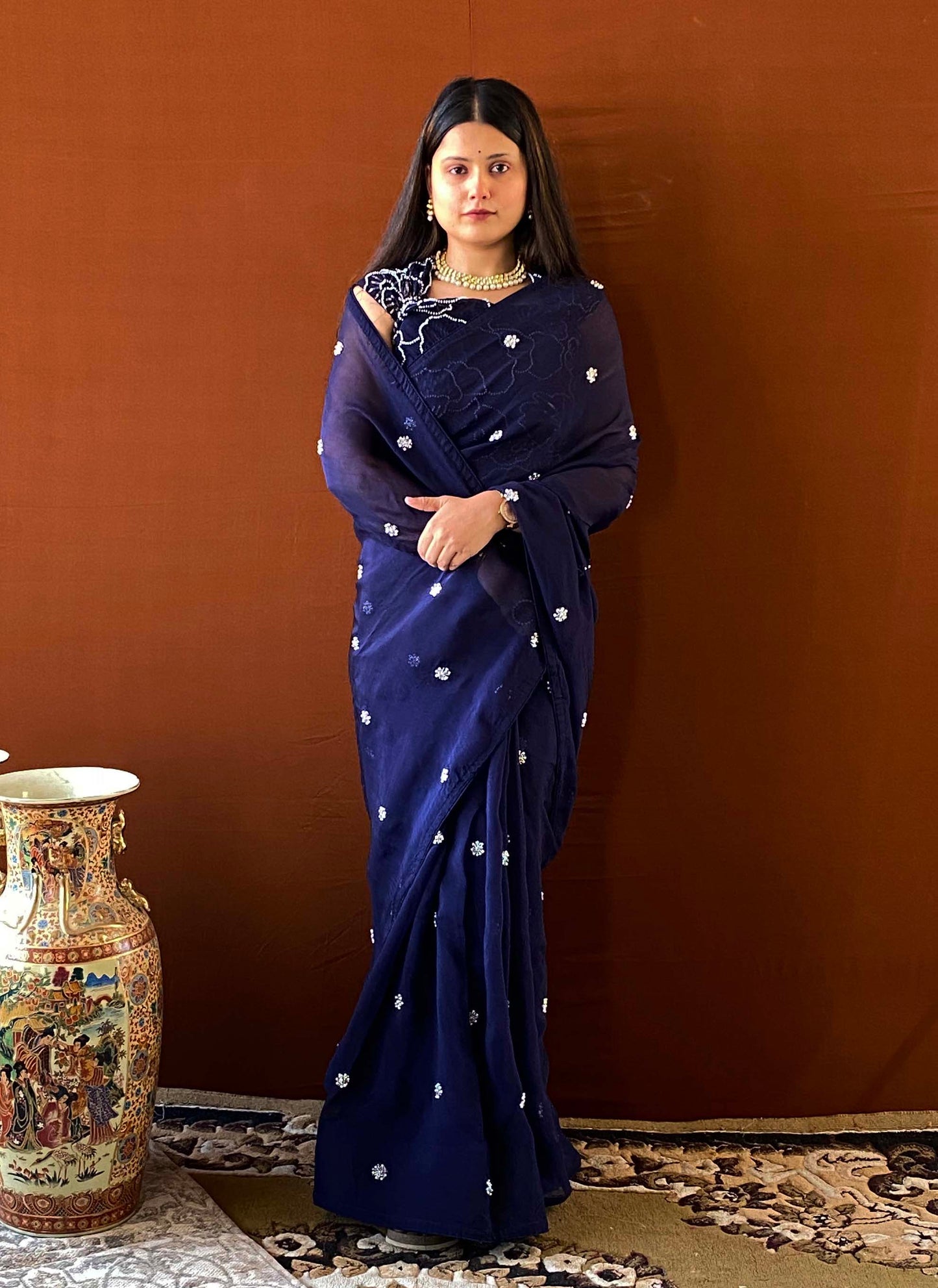 Husn - Blue Georgette Organza Pearl Saree
