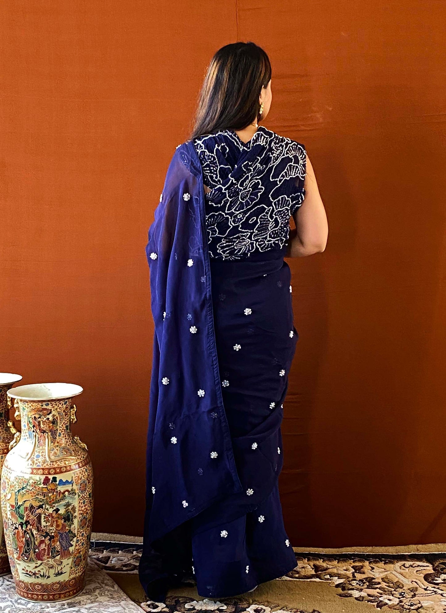 Husn - Blue Georgette Organza Pearl Saree