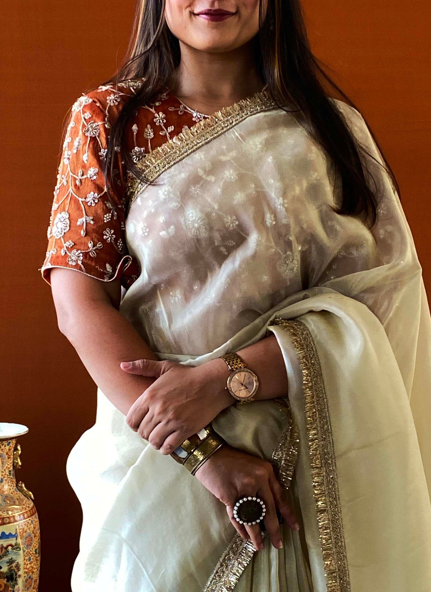 Husn - Golden Zari Tissue Saree with Handwork Blouse