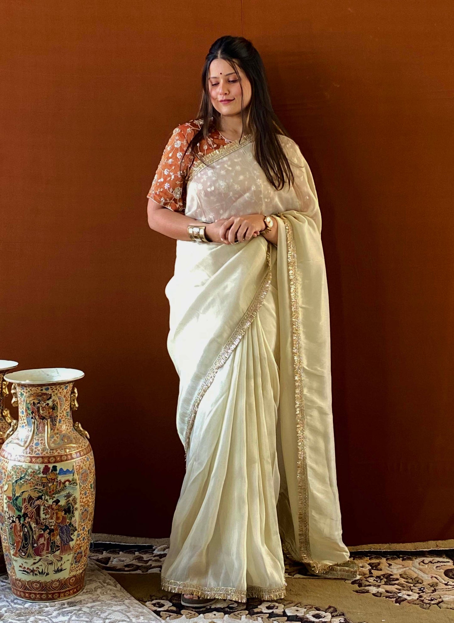 Husn - Golden Zari Tissue Saree with Handwork Blouse