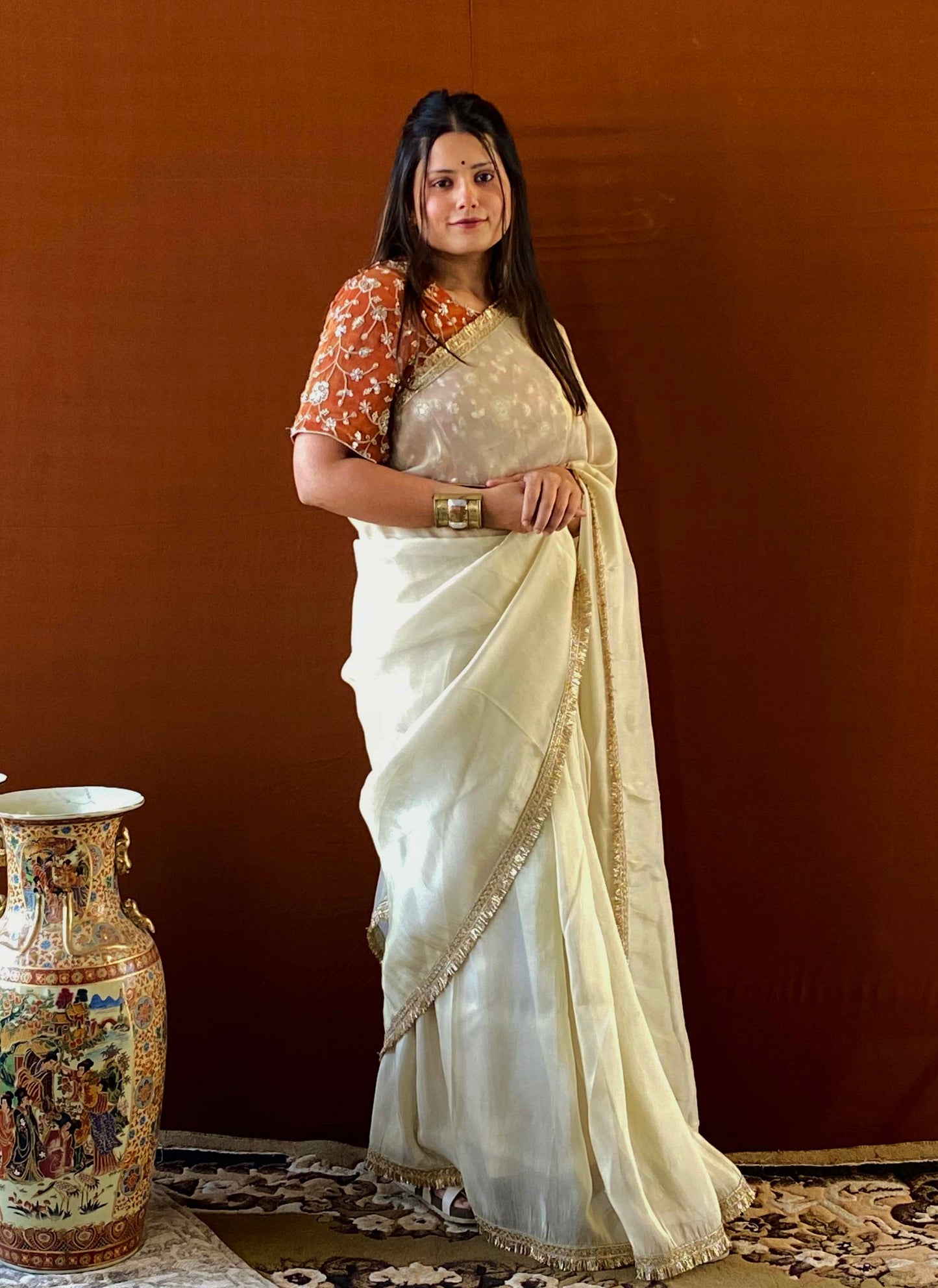 Husn - Golden Zari Tissue Saree with Handwork Blouse
